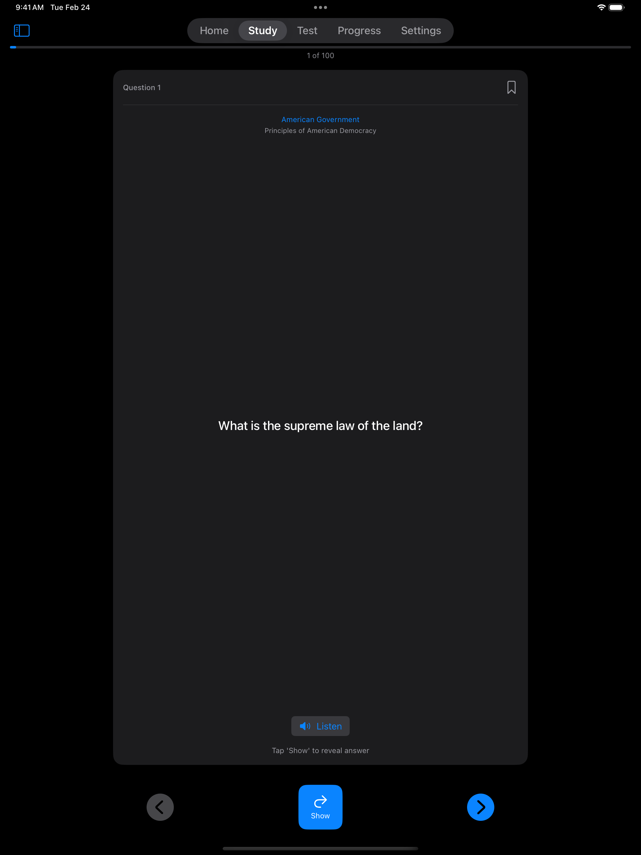 Study flashcard front on iPad
