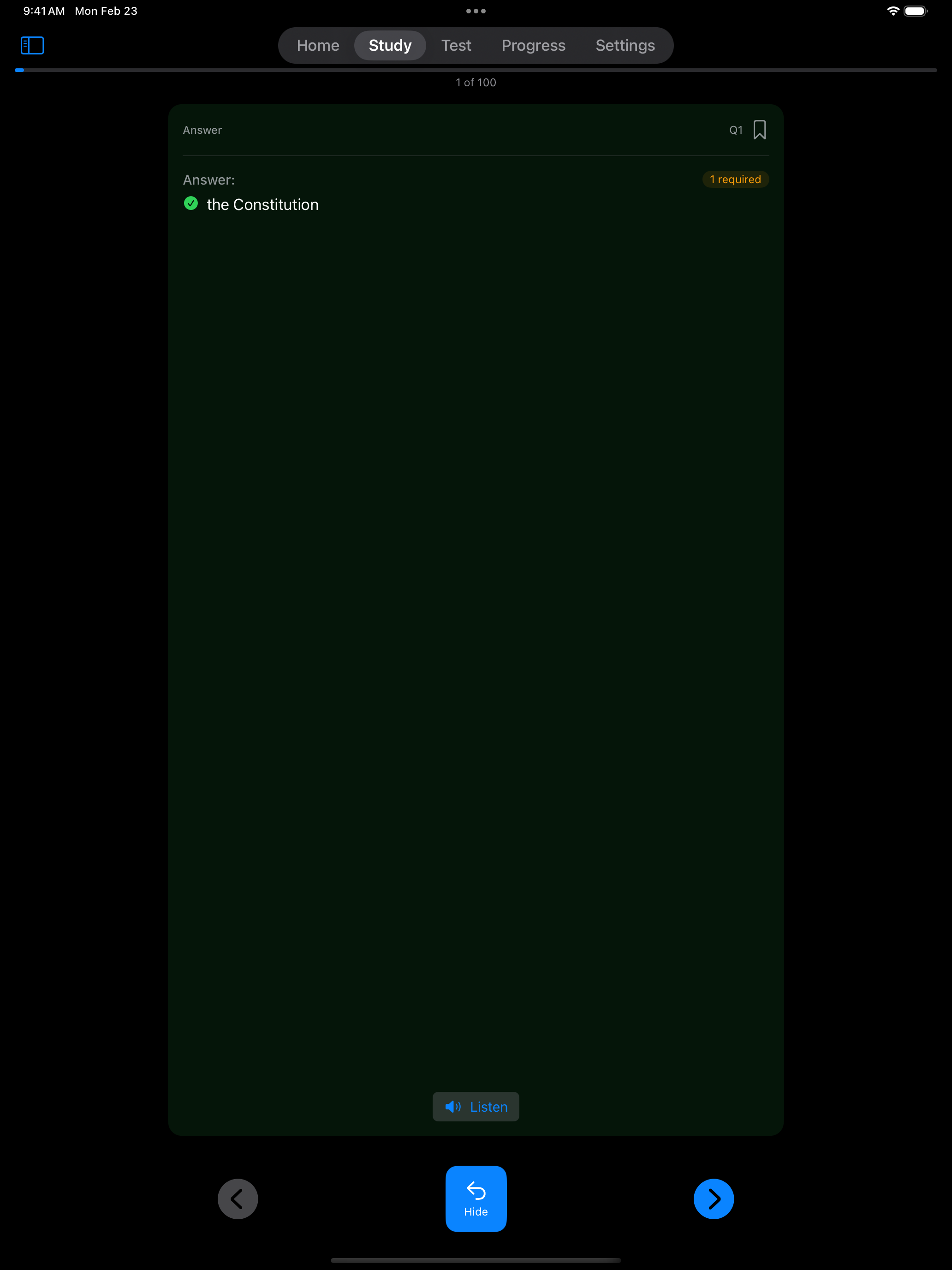 Study flashcard back on iPad