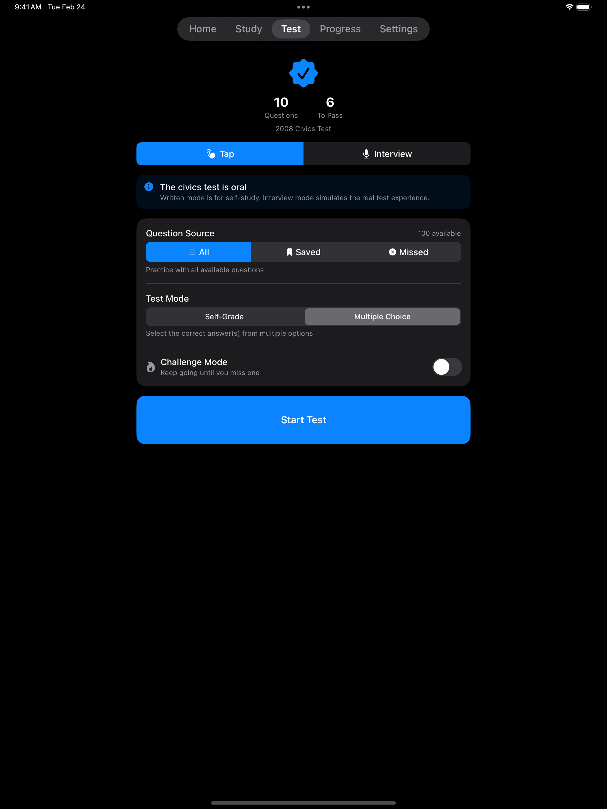 Civics tap mode on iPad