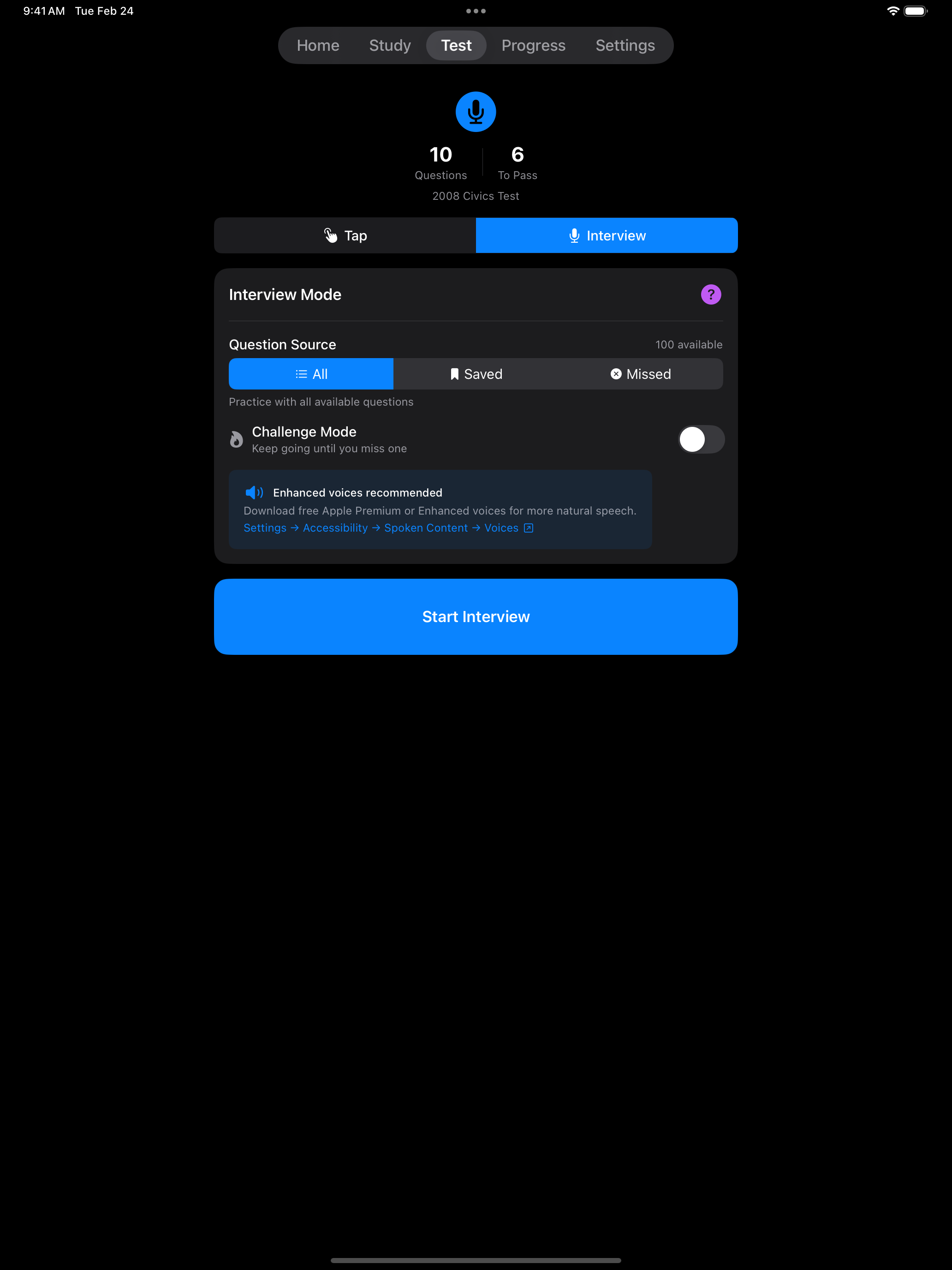 Interview start screen on iPad