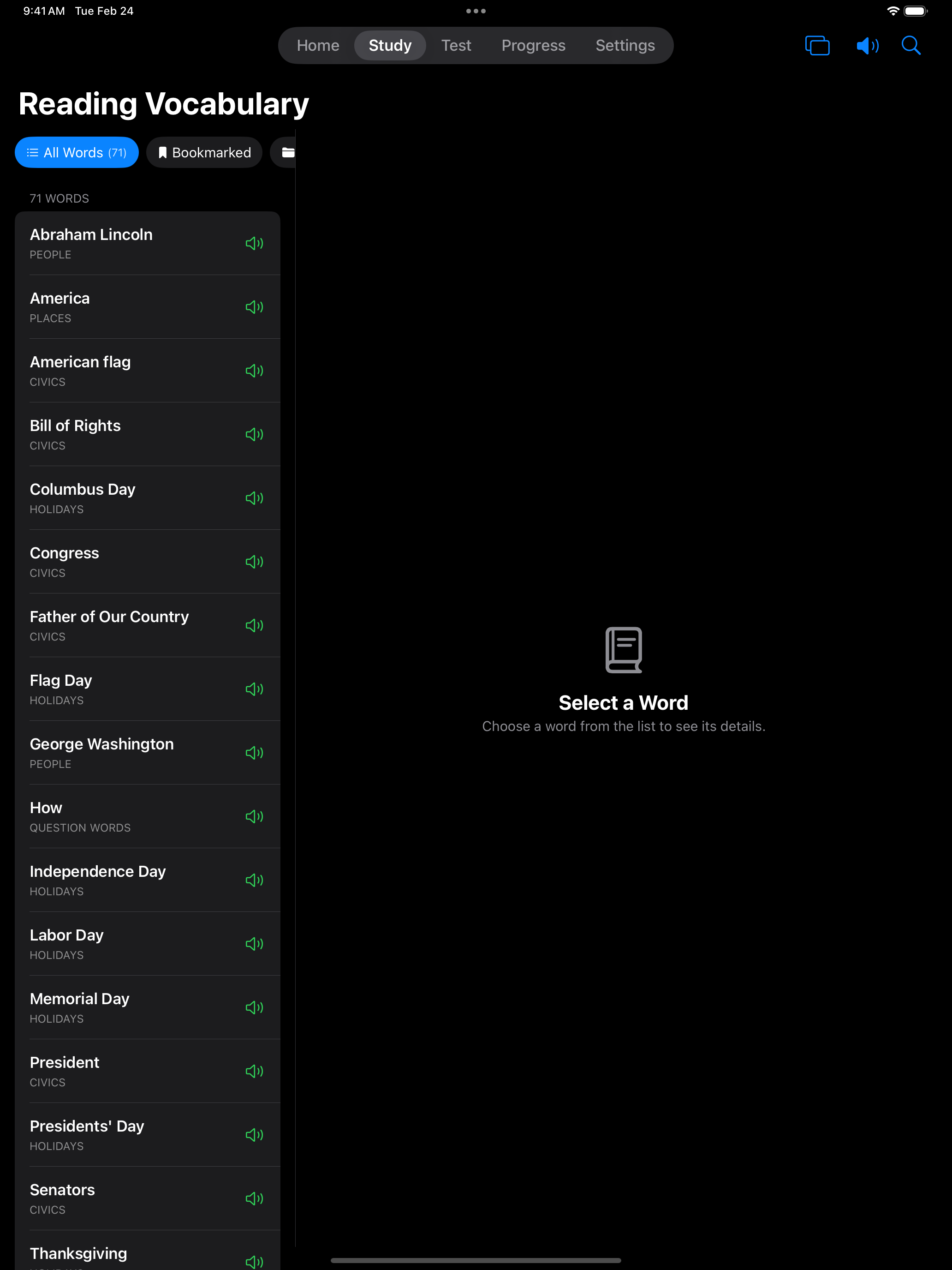 Reading vocabulary browser on iPad