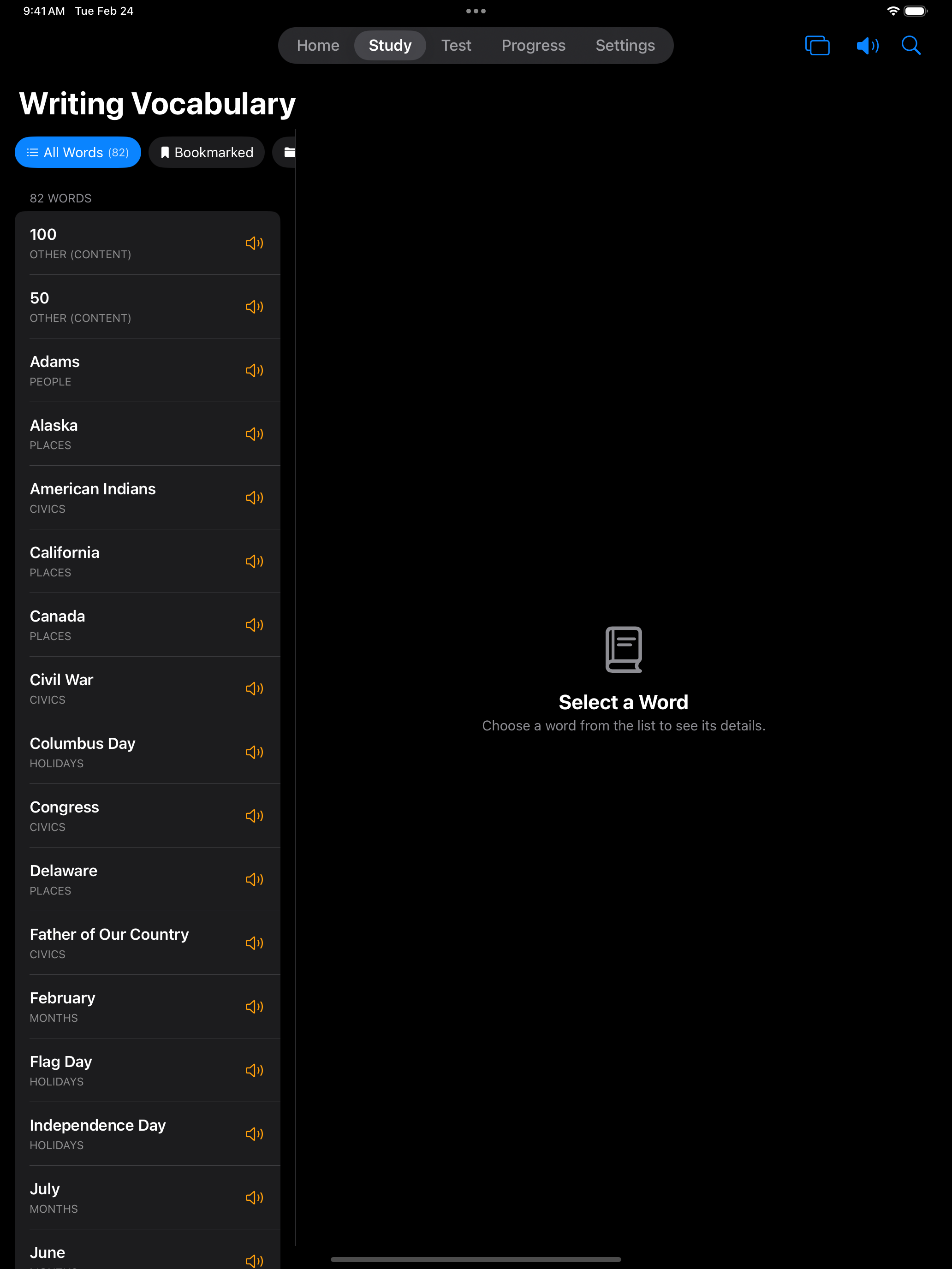 Writing vocabulary browser on iPad