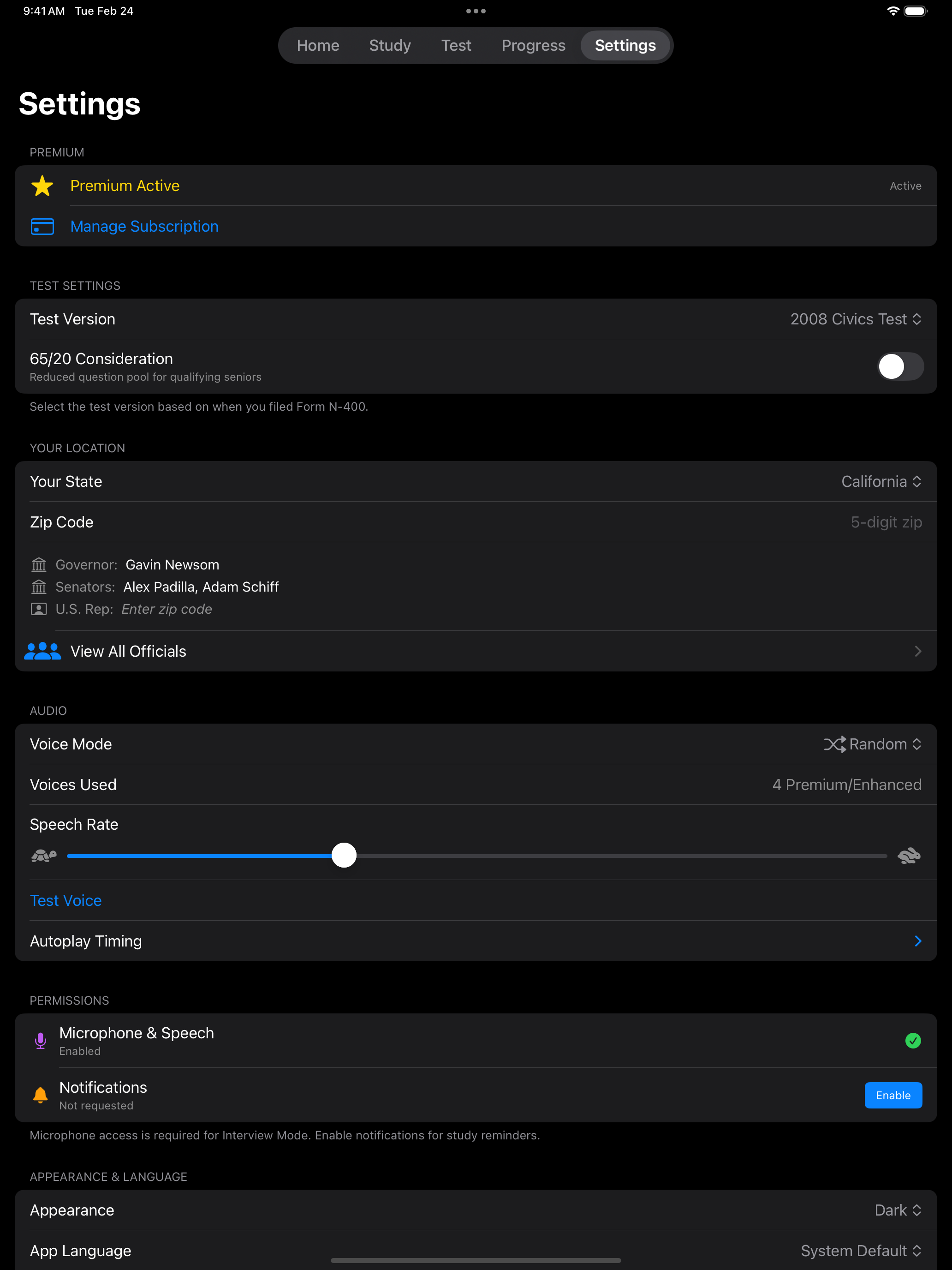 Settings screen on iPad