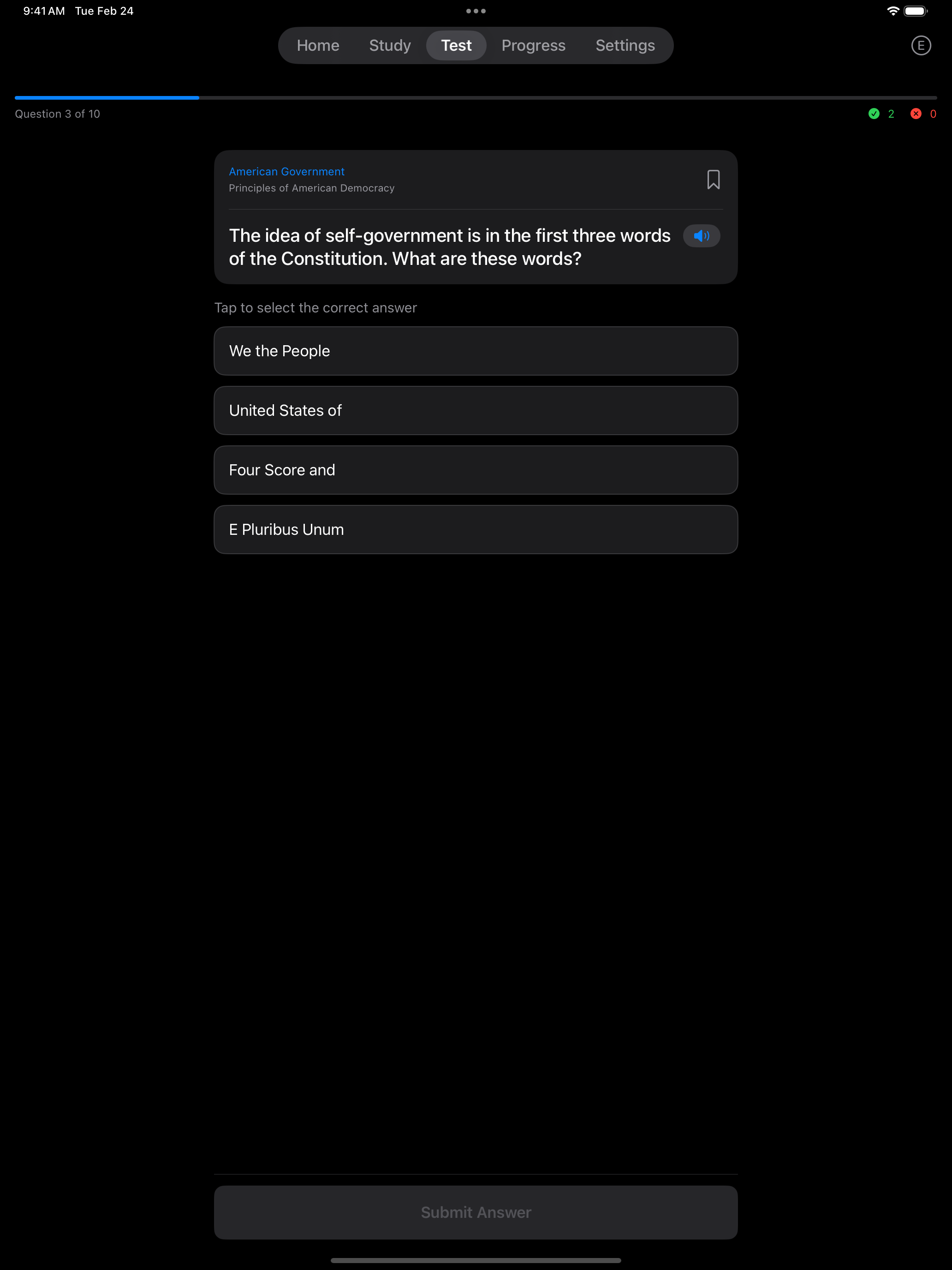 Civics multiple choice mode on iPad