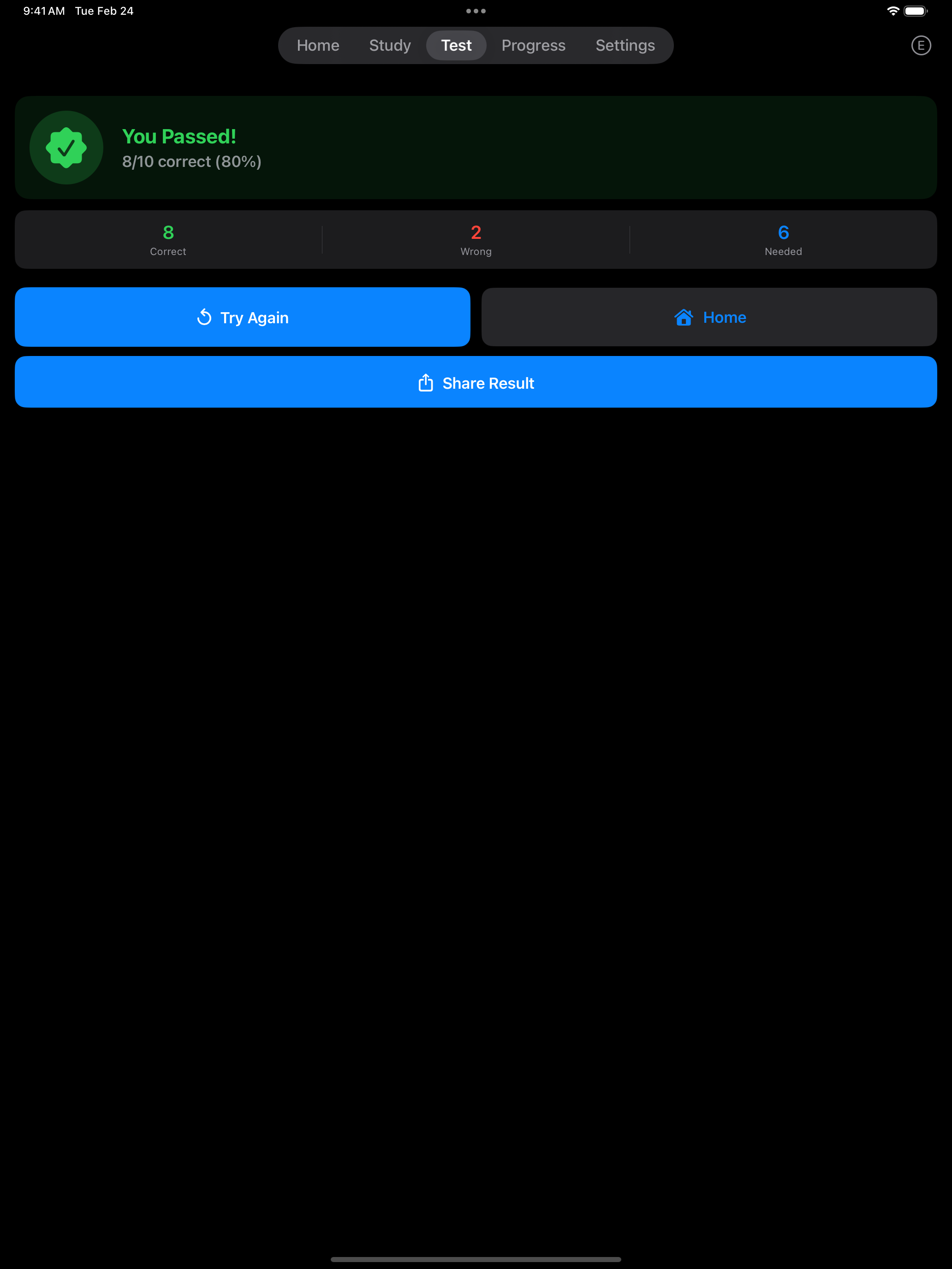 Civics test results on iPad