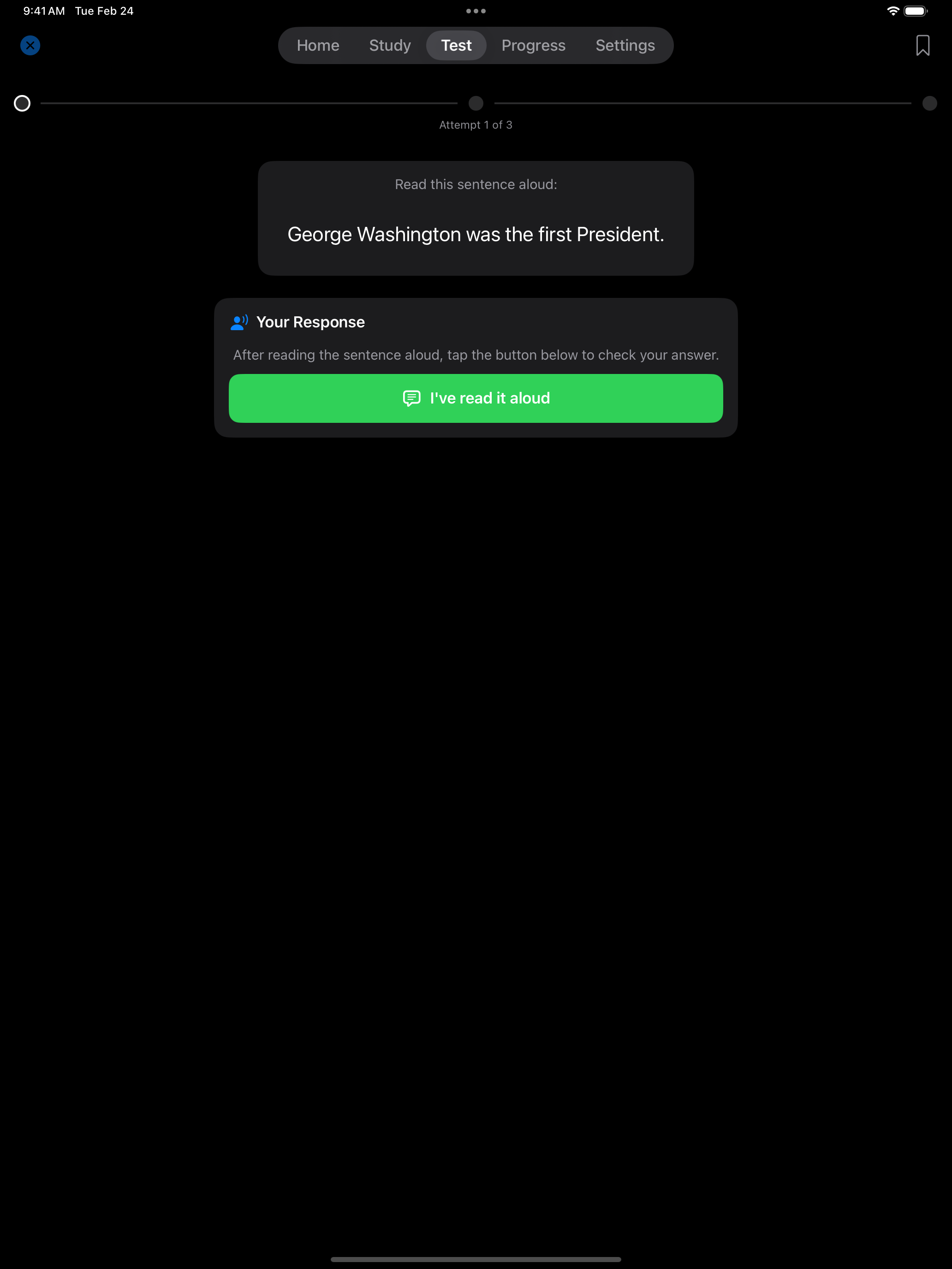 Reading test in progress on iPad
