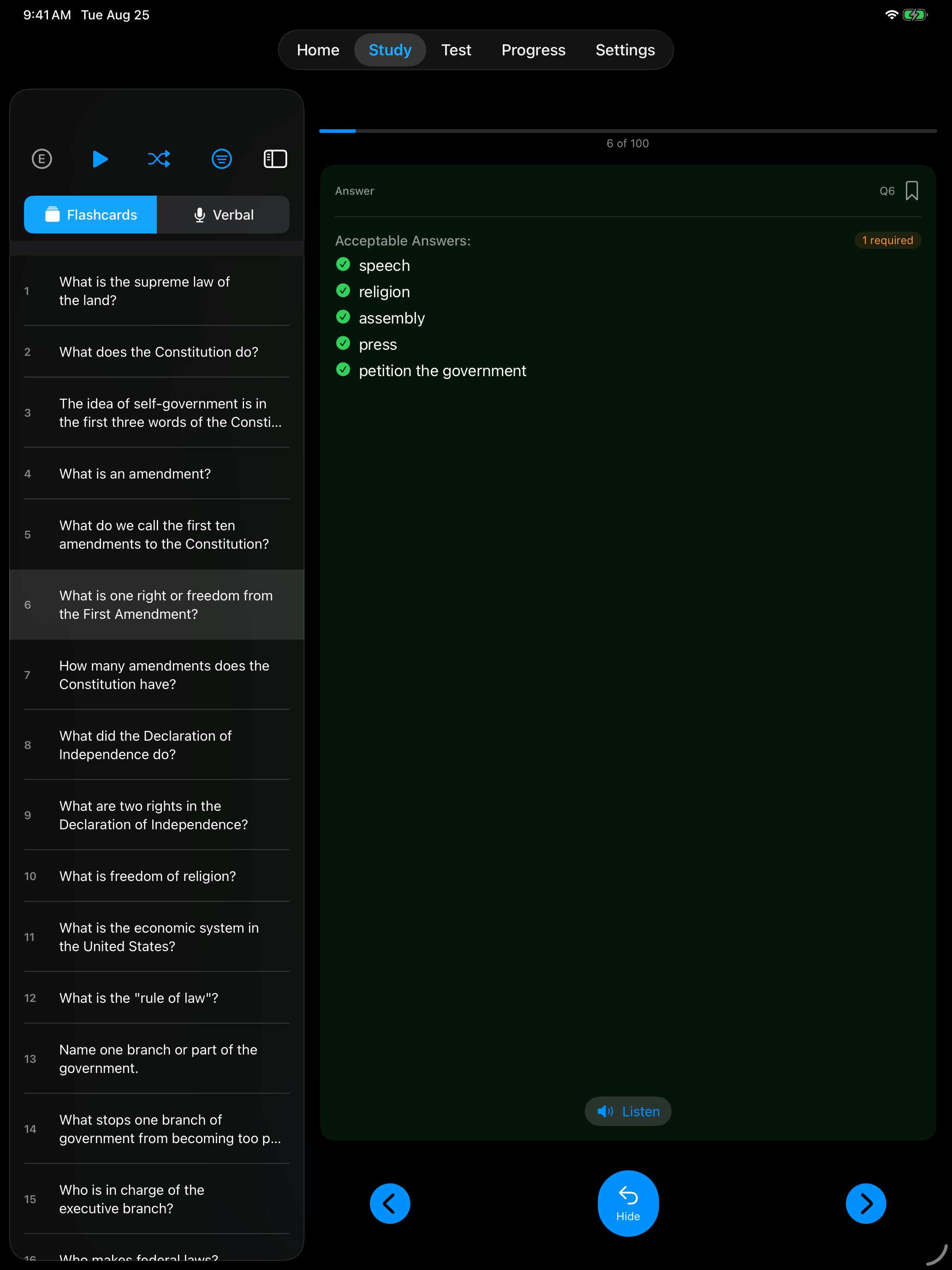 A question with five acceptable answers on iPad