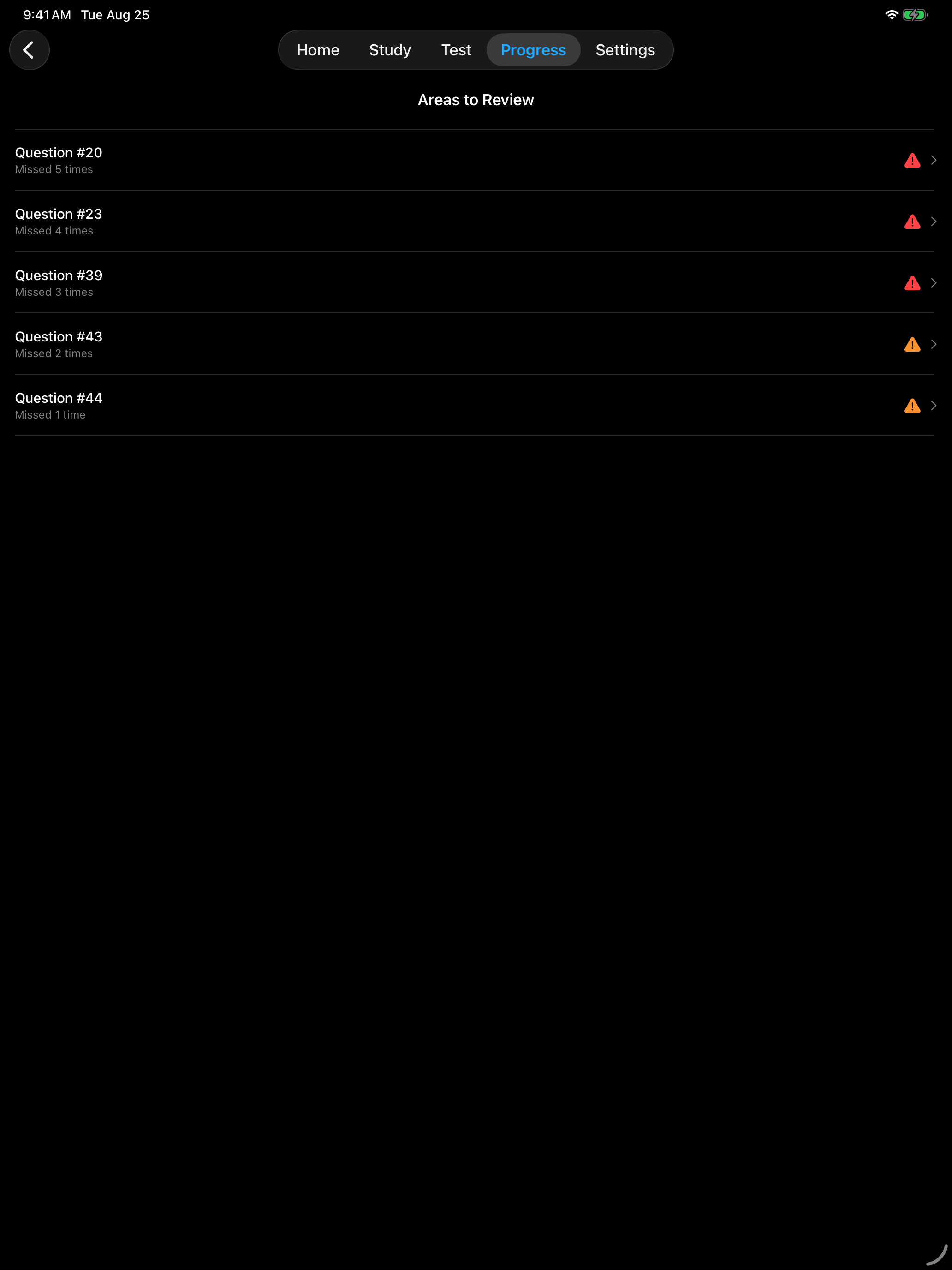 Missed questions to review on iPad