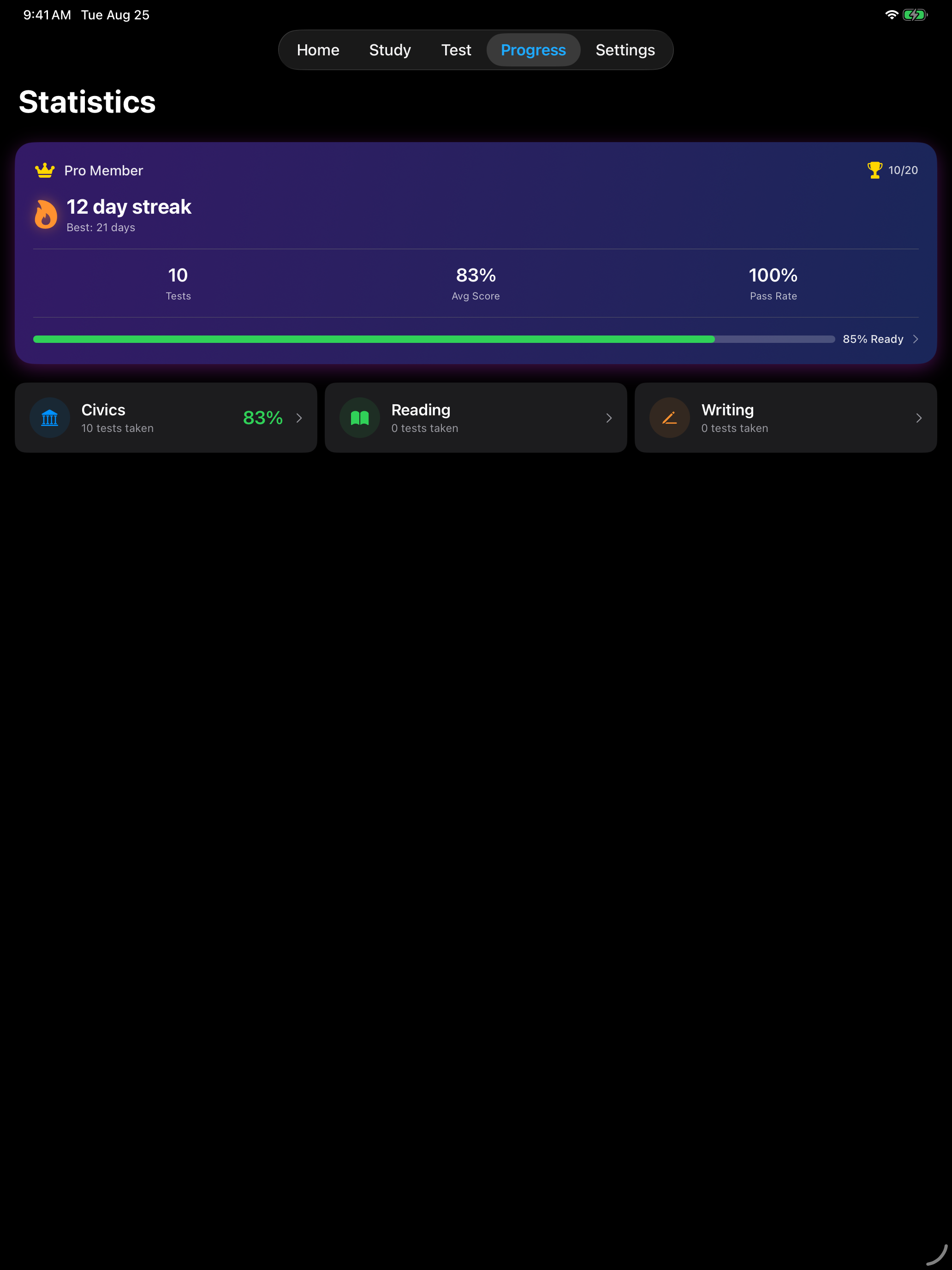 Study streak on the statistics screen on iPad