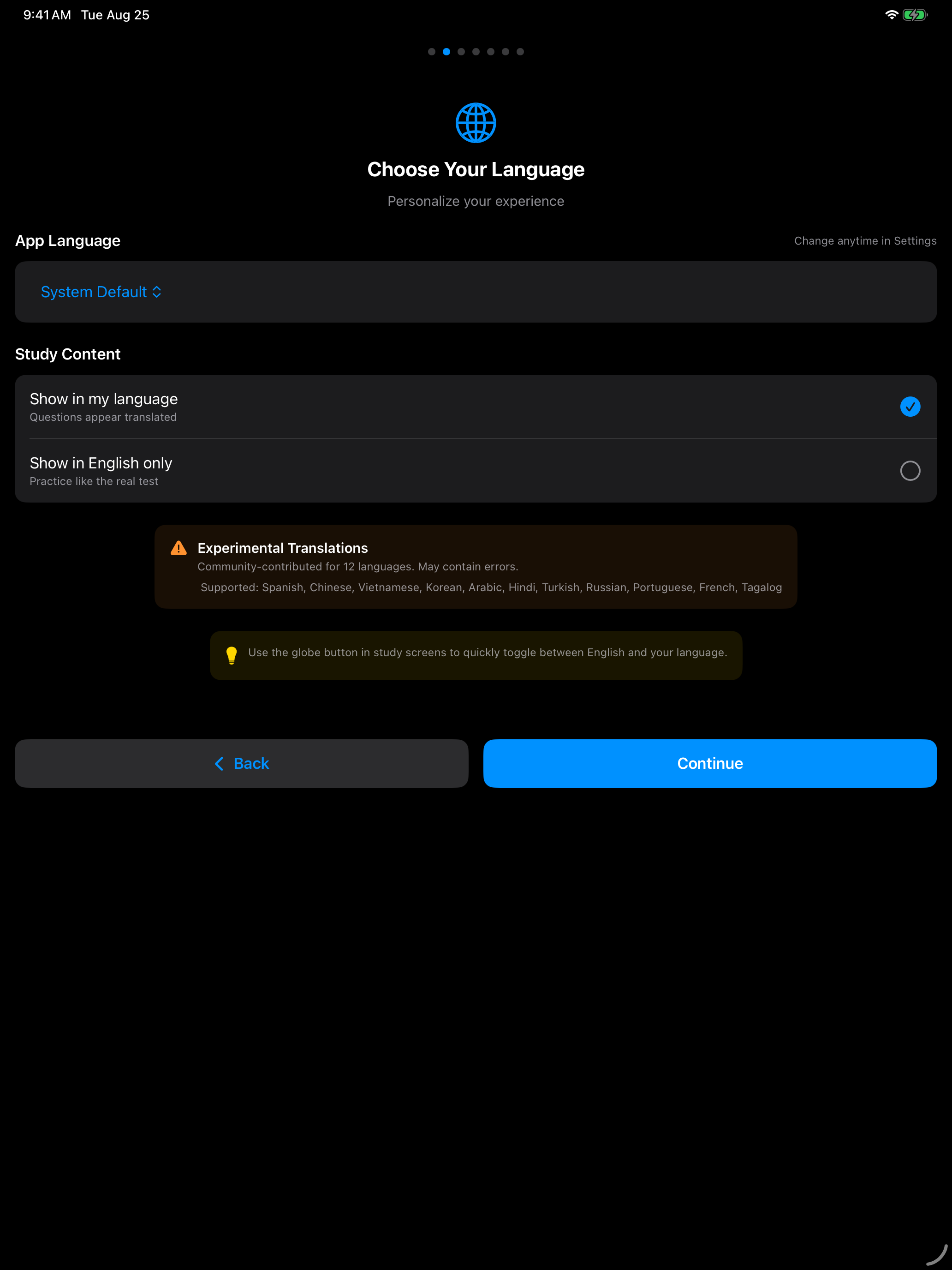 Choosing your language during onboarding on iPad