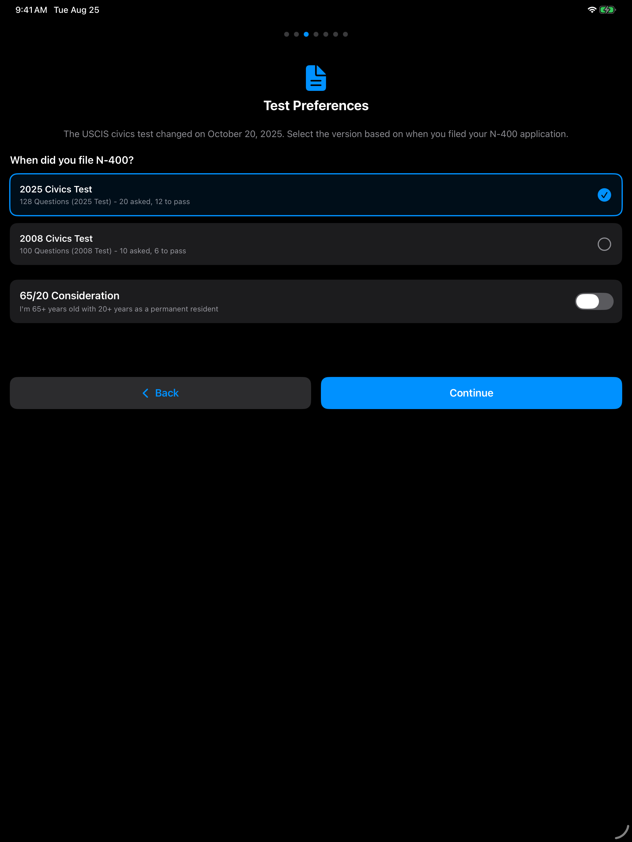 Choosing your test version during onboarding on iPad
