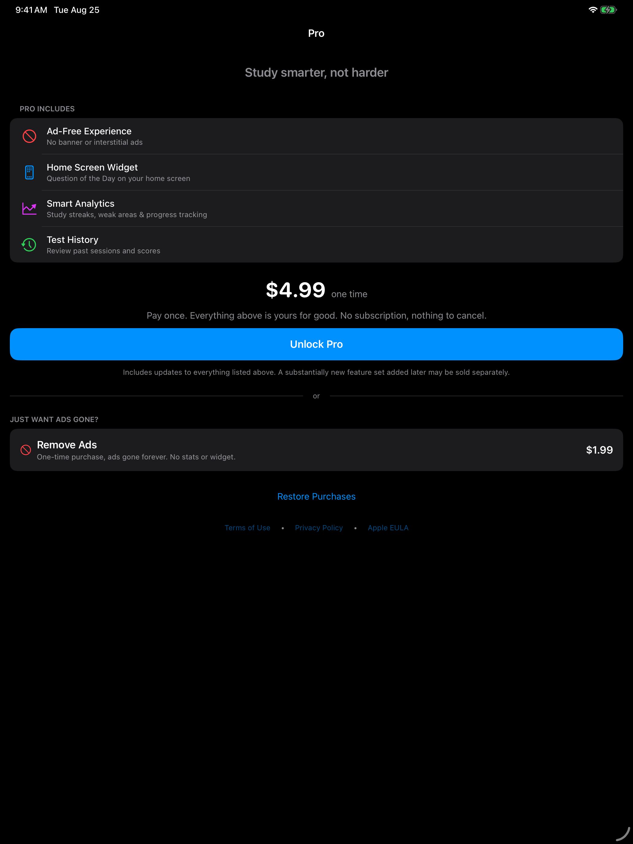 The Pro page showing the one-time unlock and the Remove Ads option on iPad
