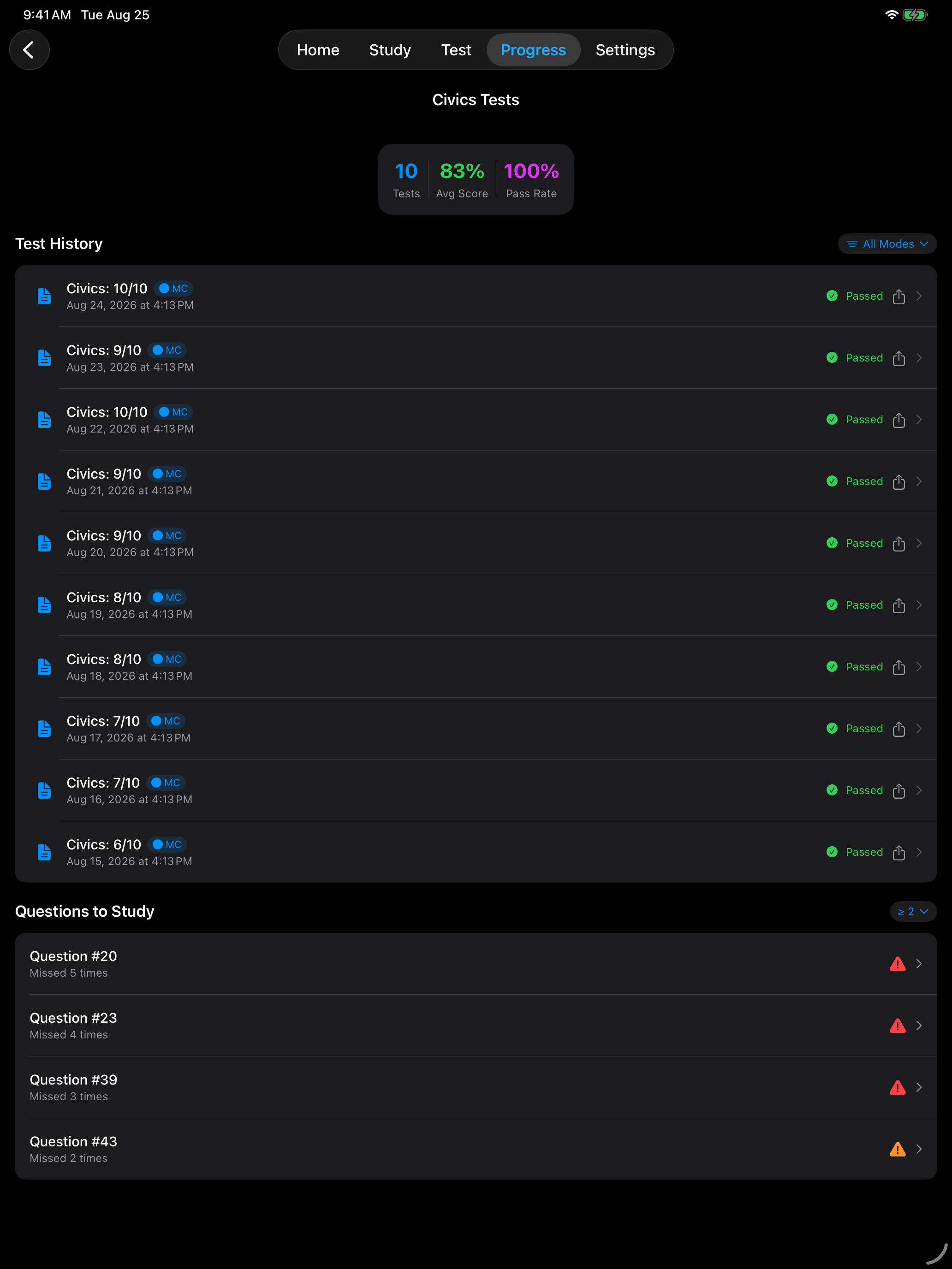 Civics test history on iPad
