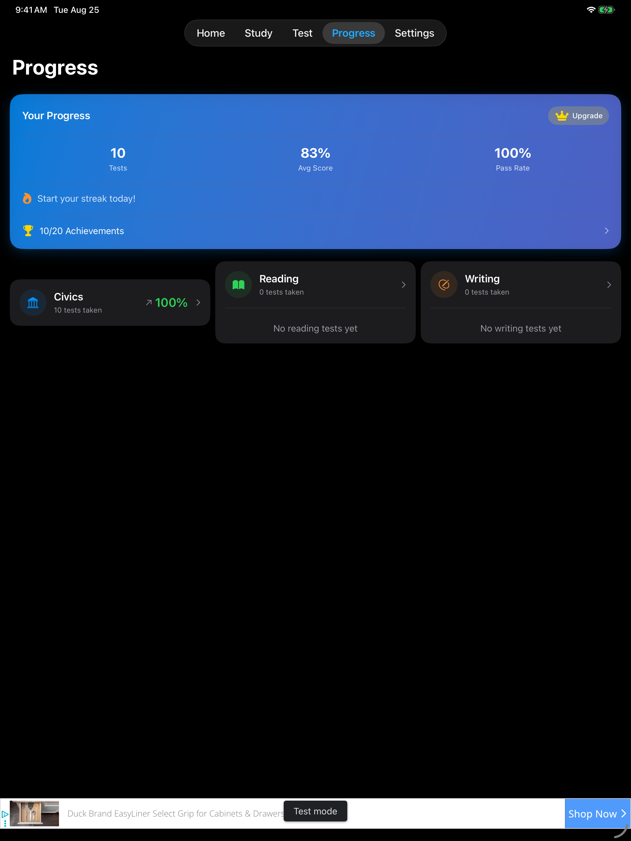 The Progress tab without Pro on iPad