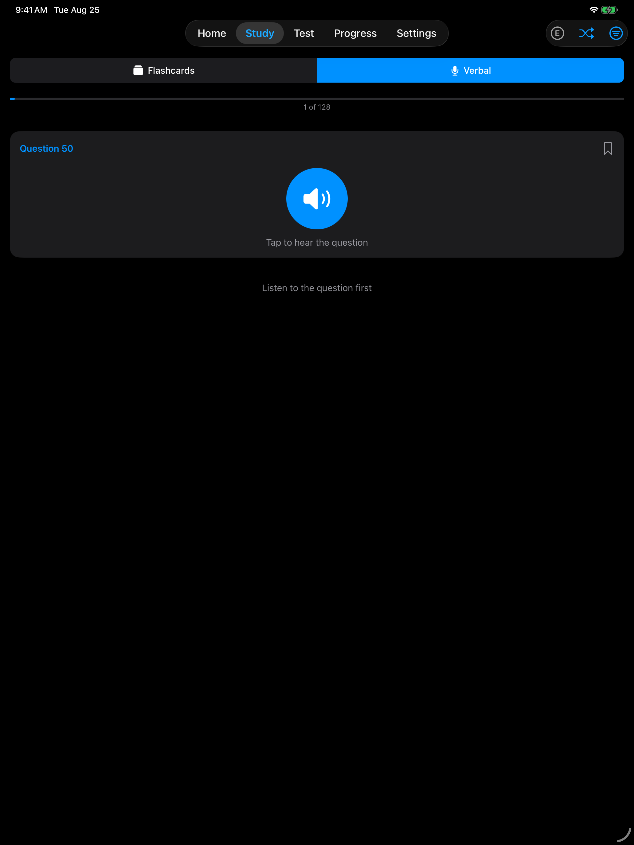 Verbal practice in study mode on iPad