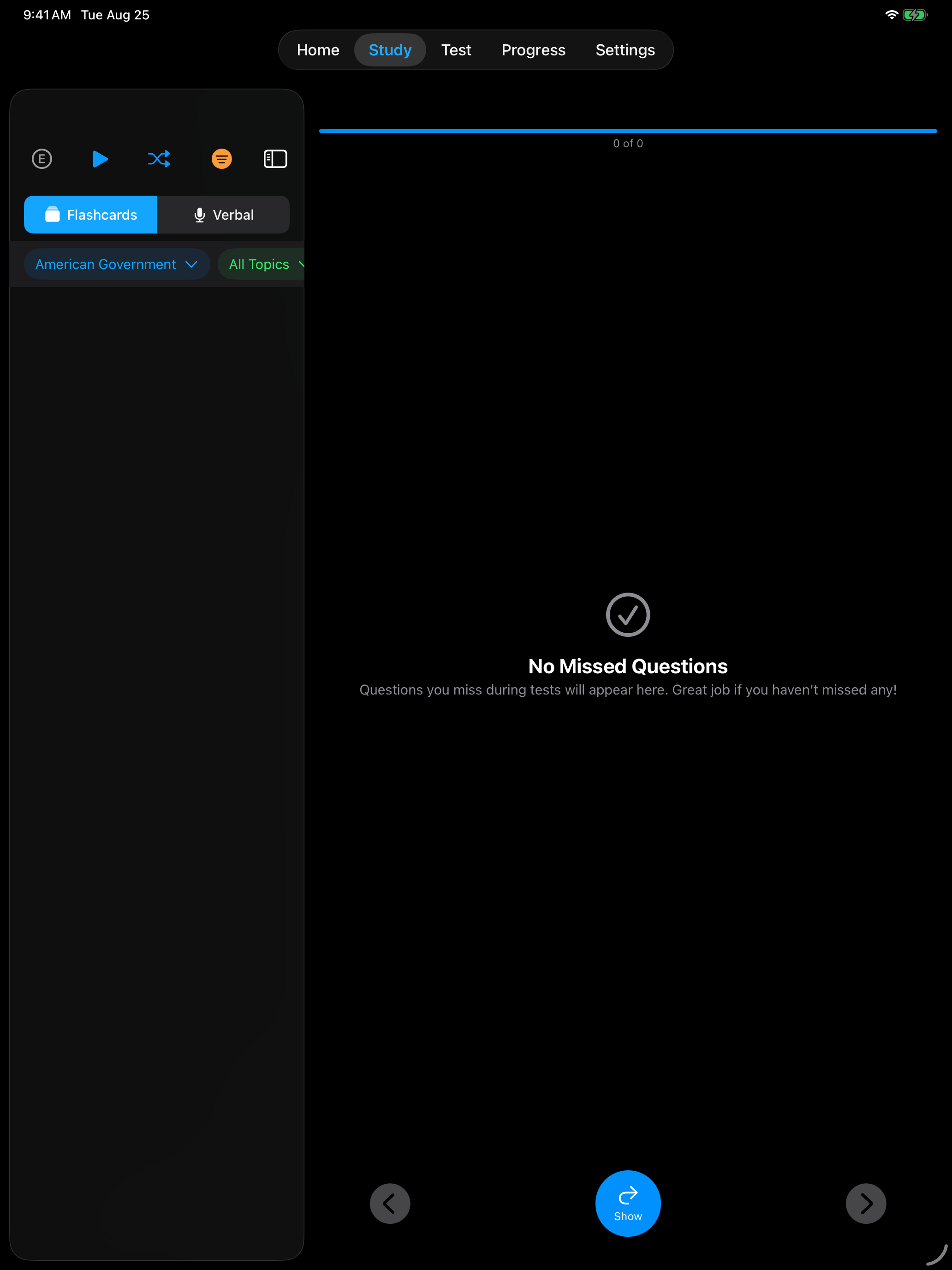 Study questions filtered by category and missed answers on iPad