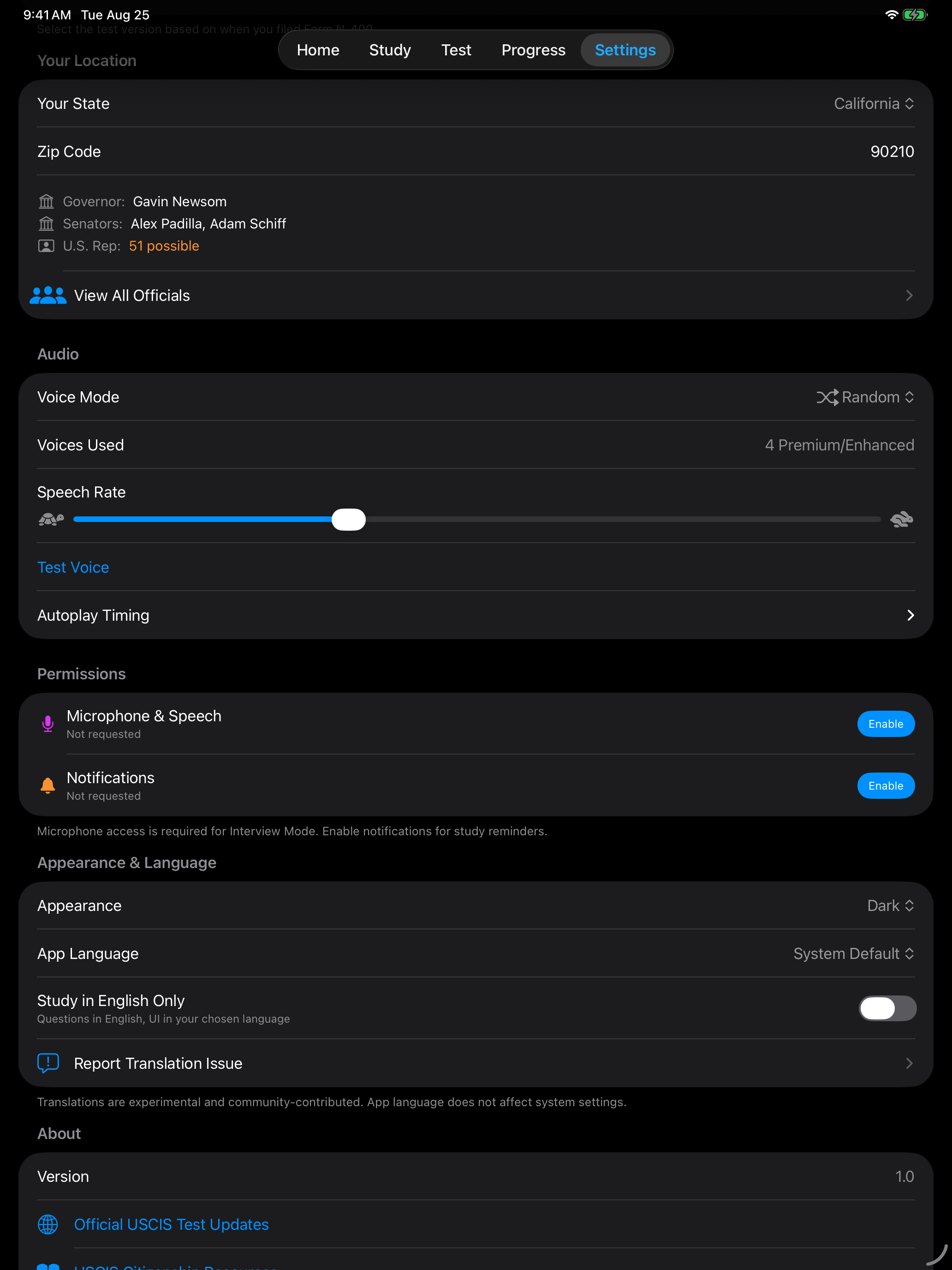 State and zip code settings, with your officials listed on iPad