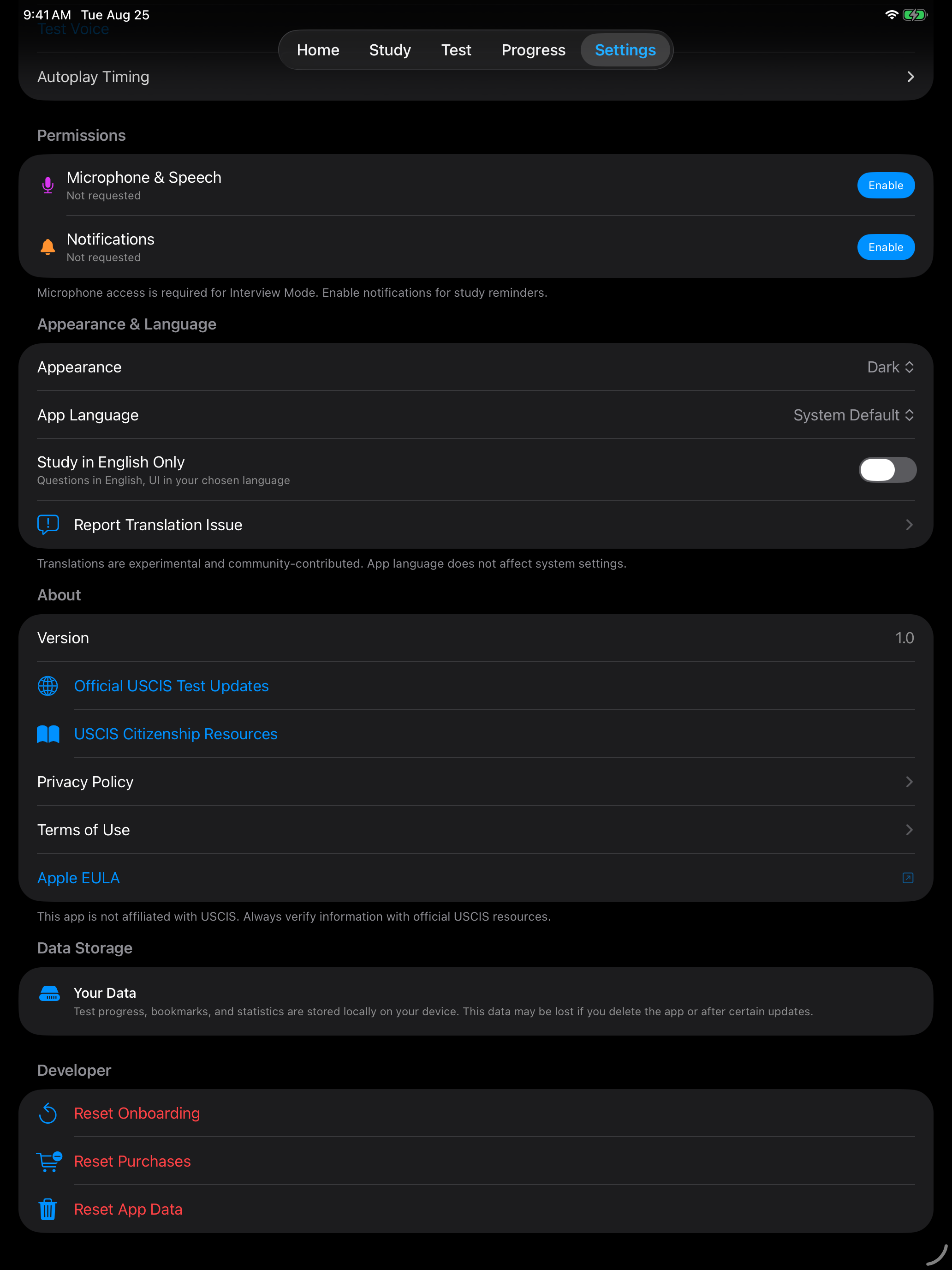 Appearance and language settings on iPad
