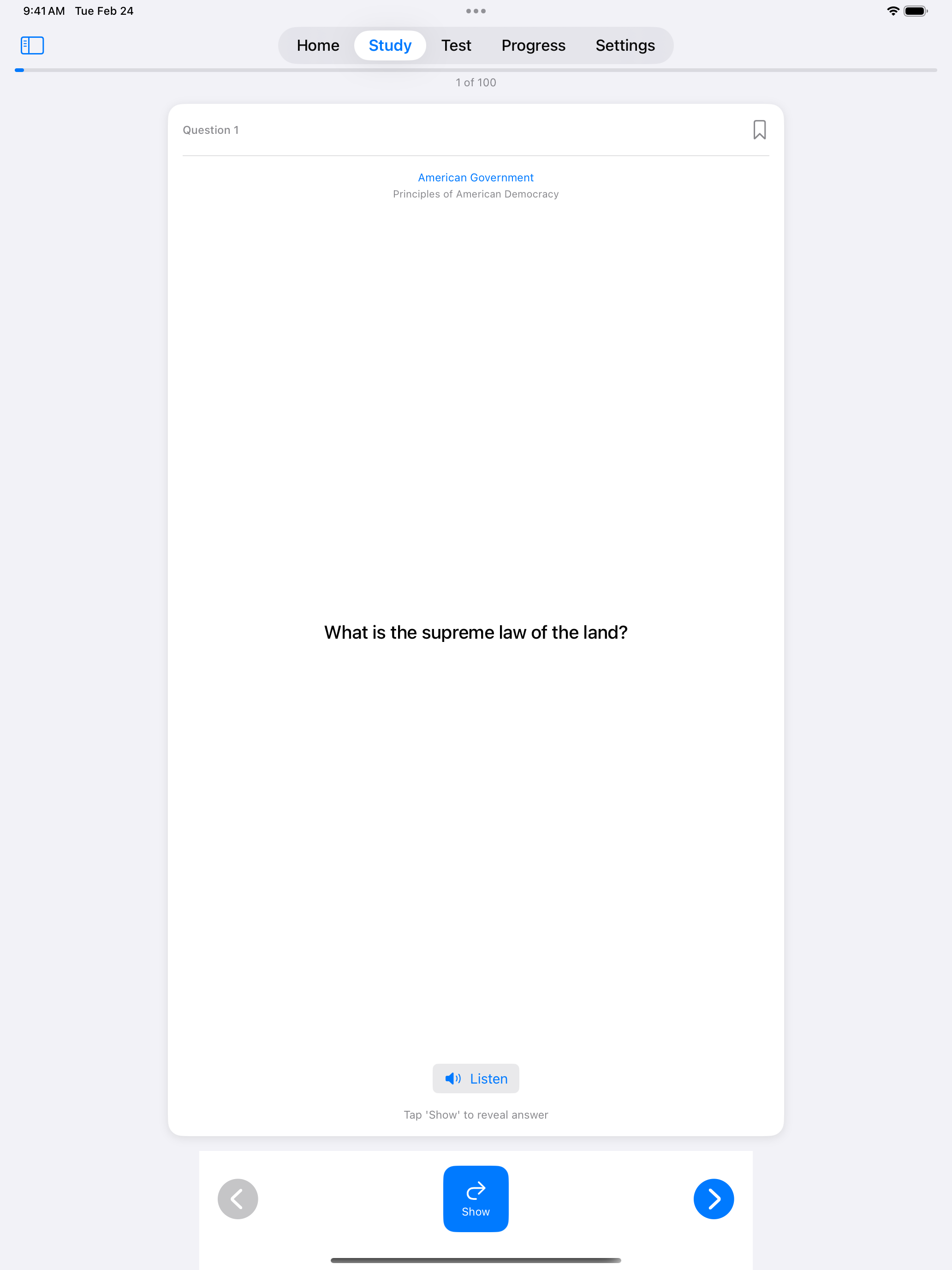Study flashcard front on iPad