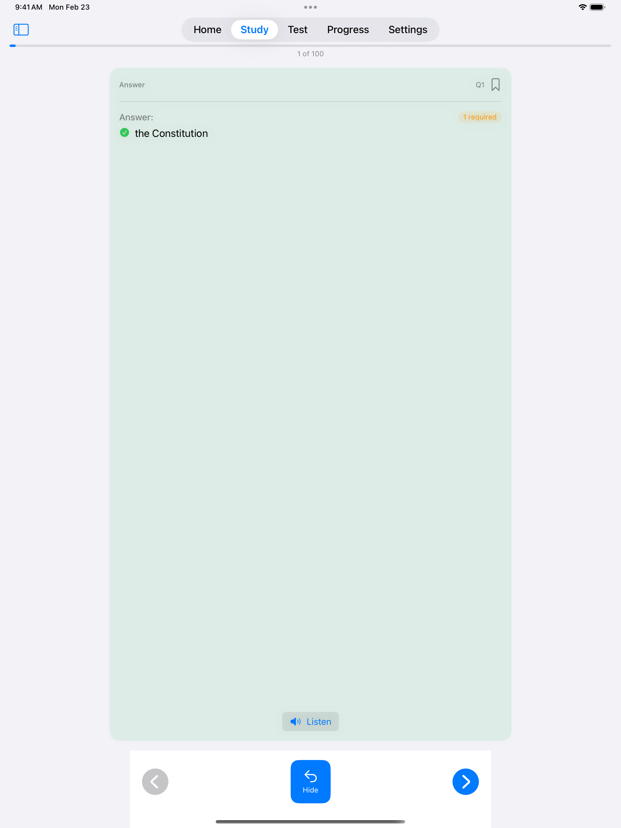 Study flashcard back on iPad