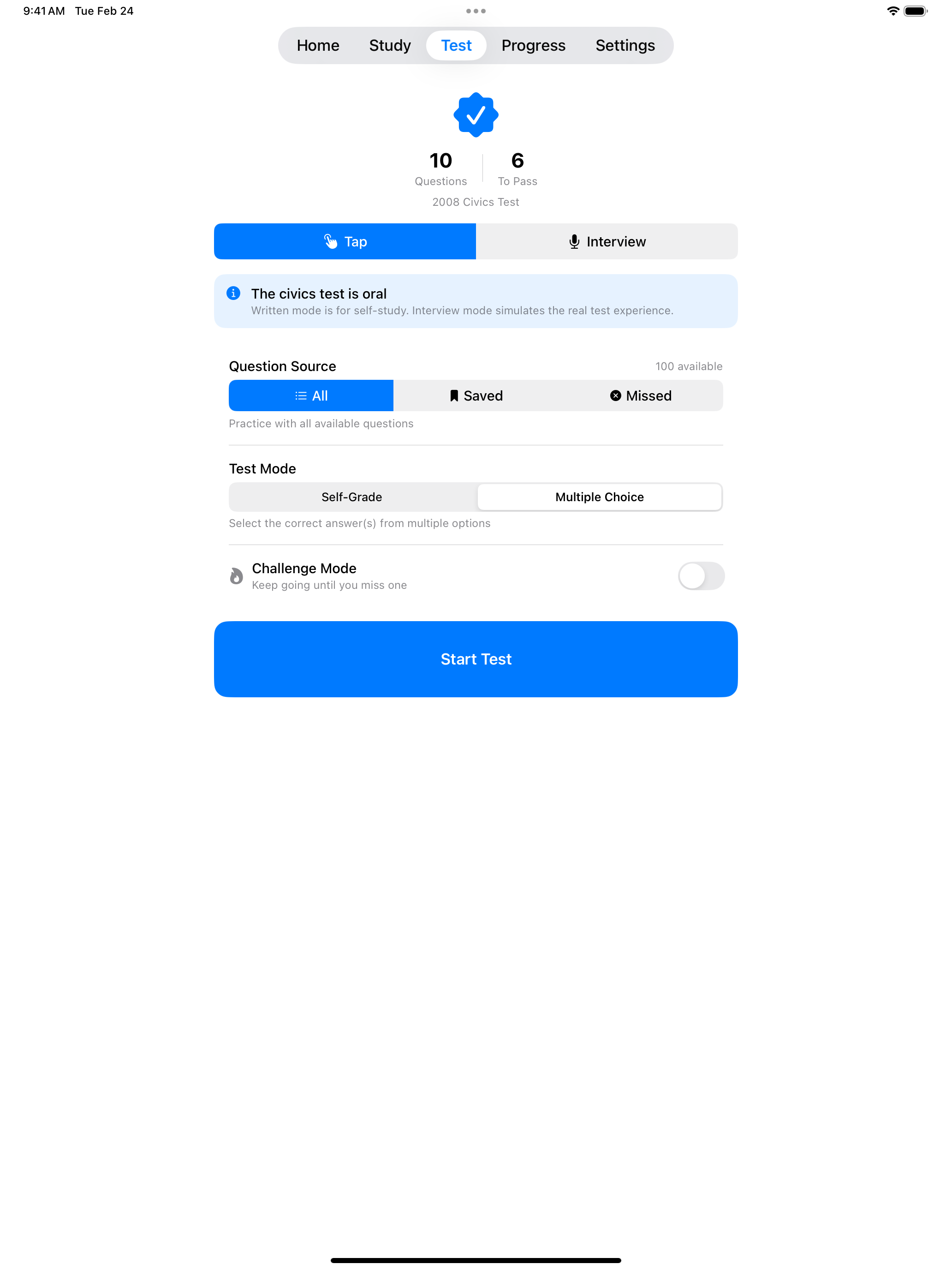 Civics tap mode on iPad