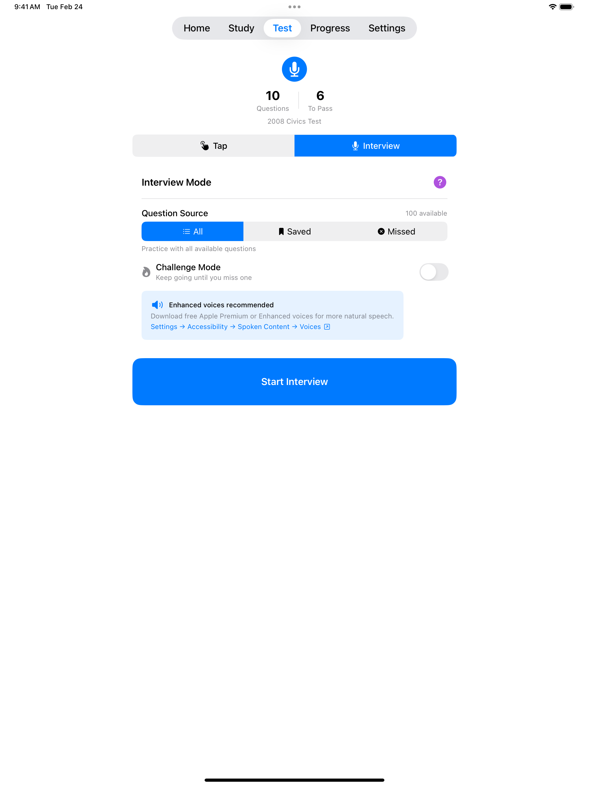 Interview start screen on iPad