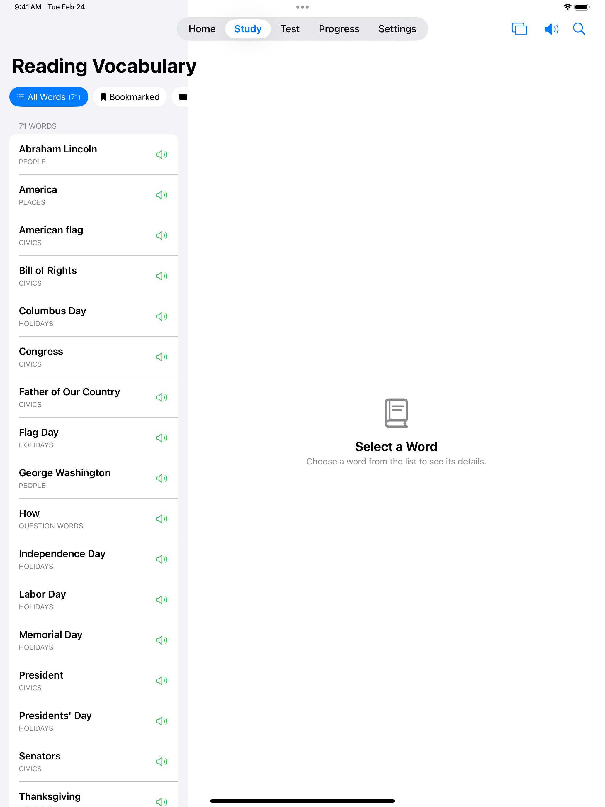 Reading vocabulary browser on iPad
