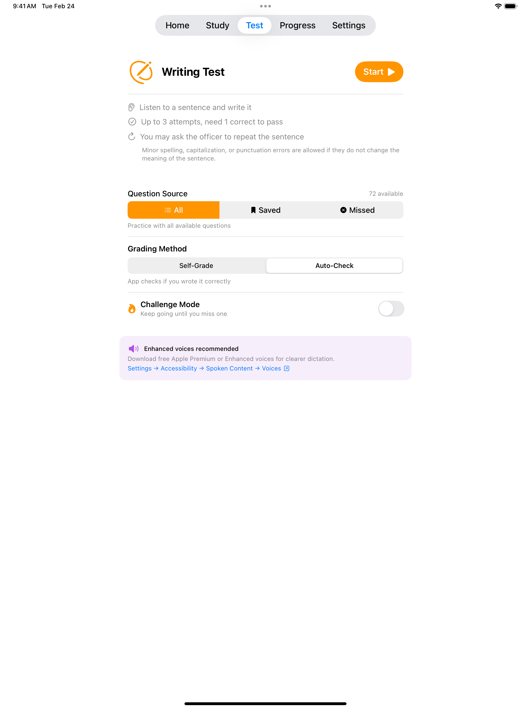 Writing dictation practice on iPad