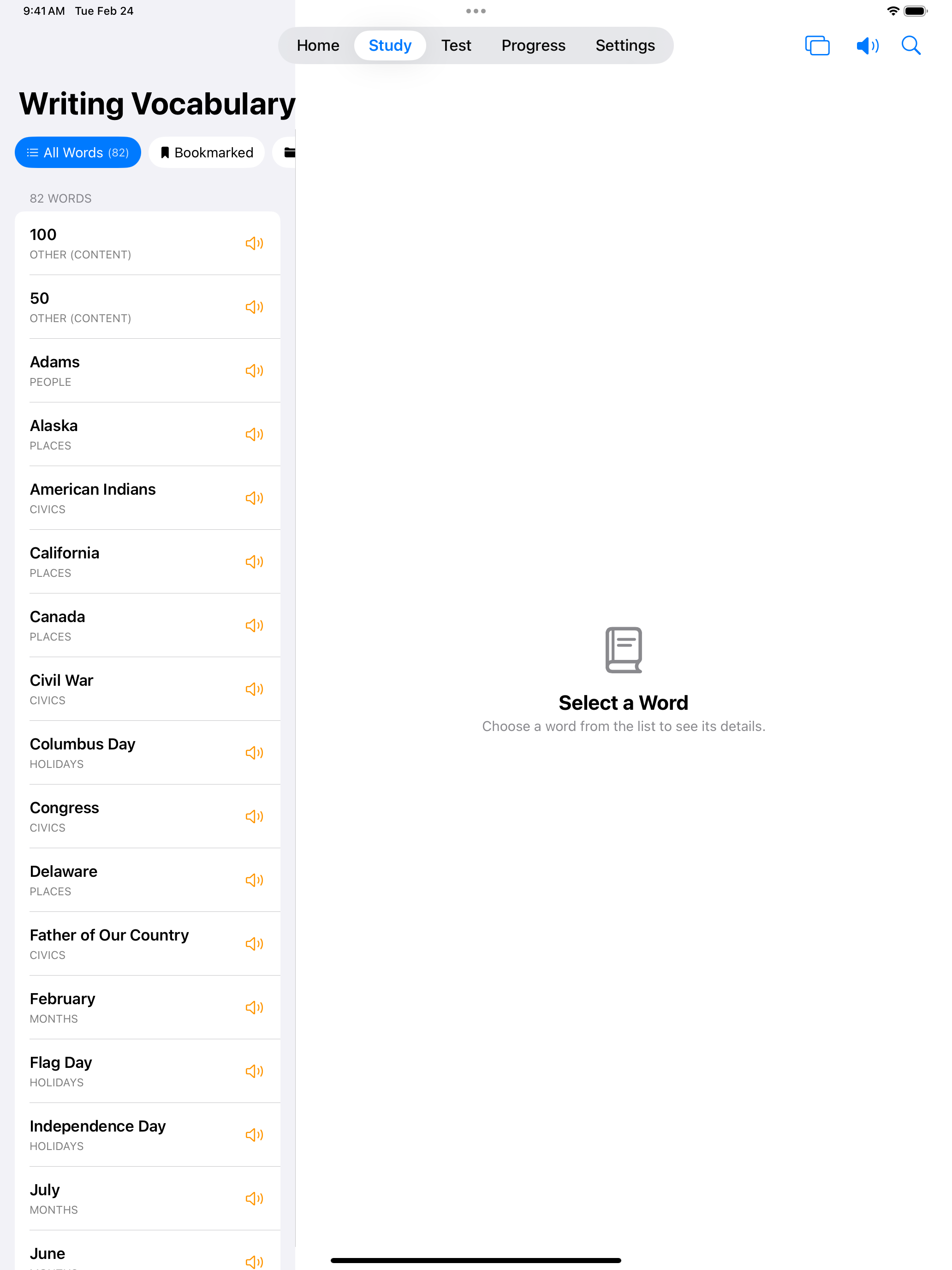 Writing vocabulary browser on iPad