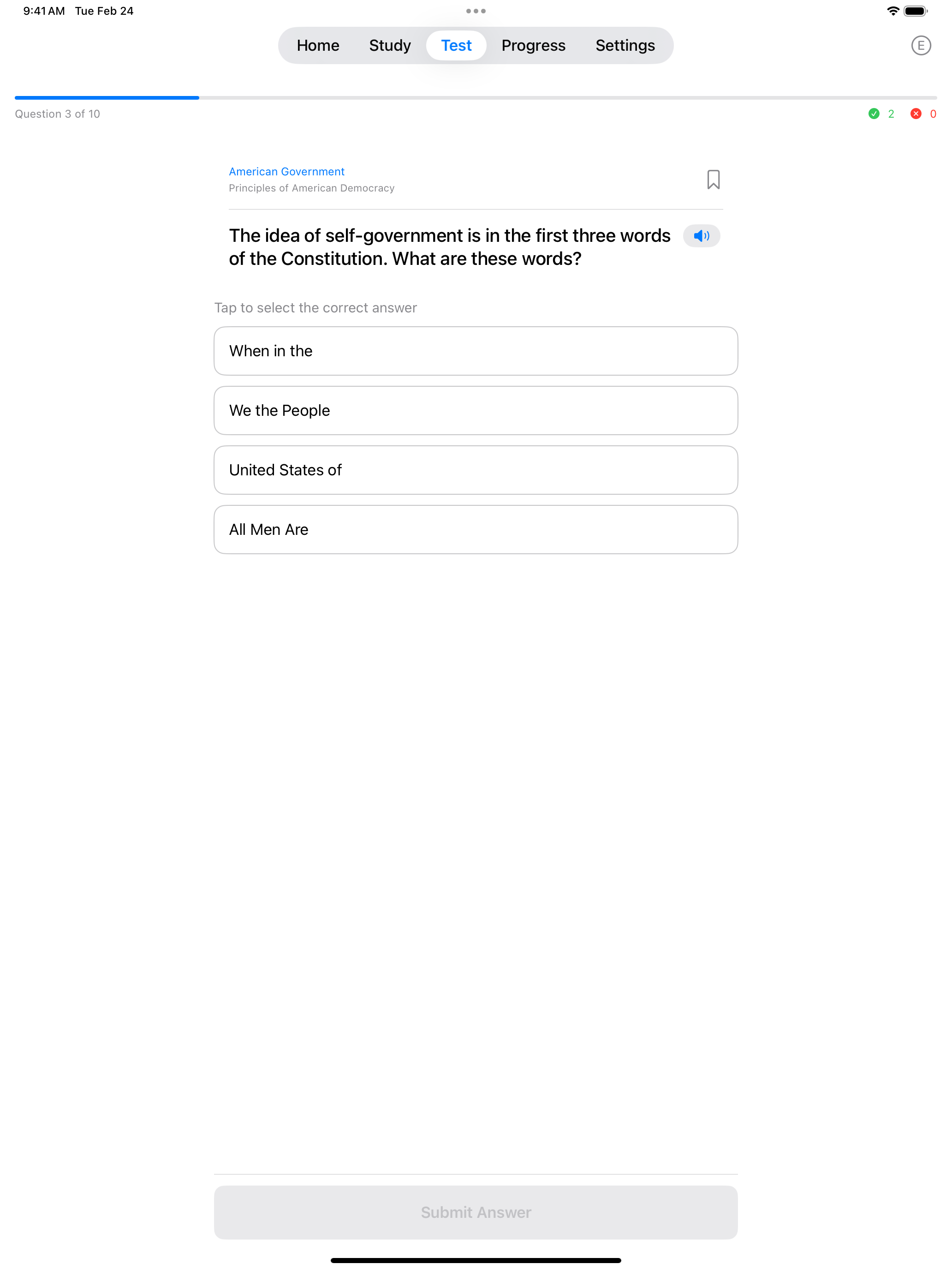 Civics multiple choice mode on iPad