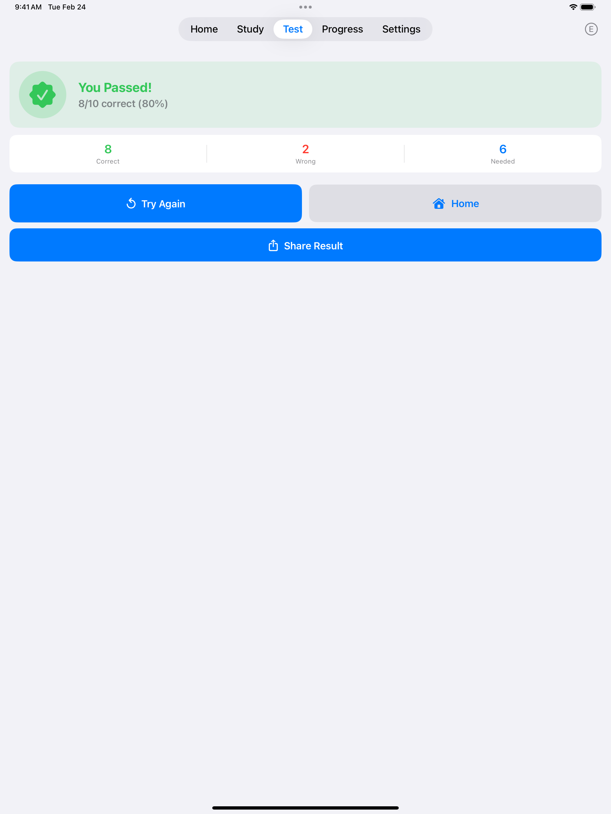Civics test results on iPad