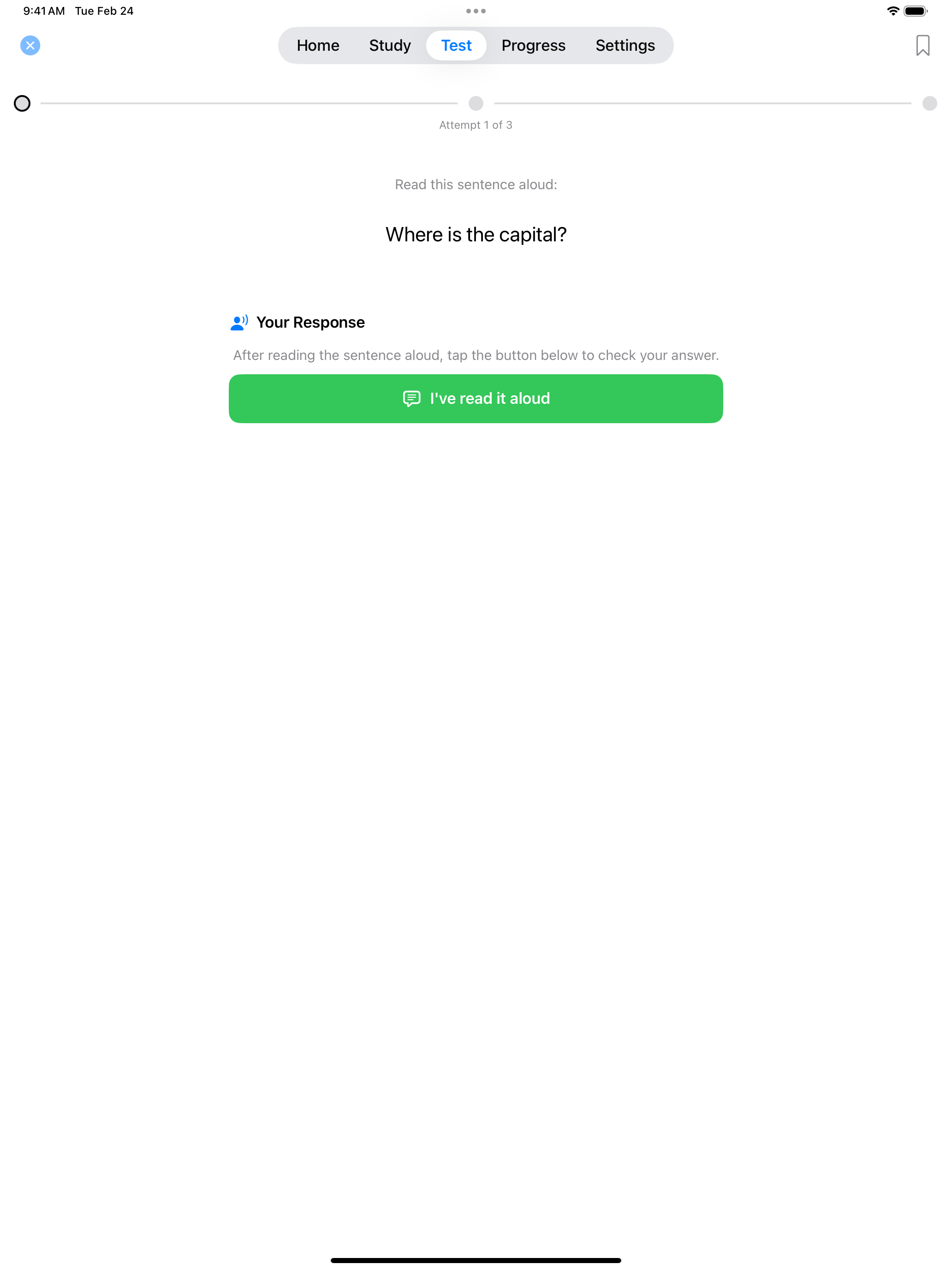 Reading test in progress on iPad