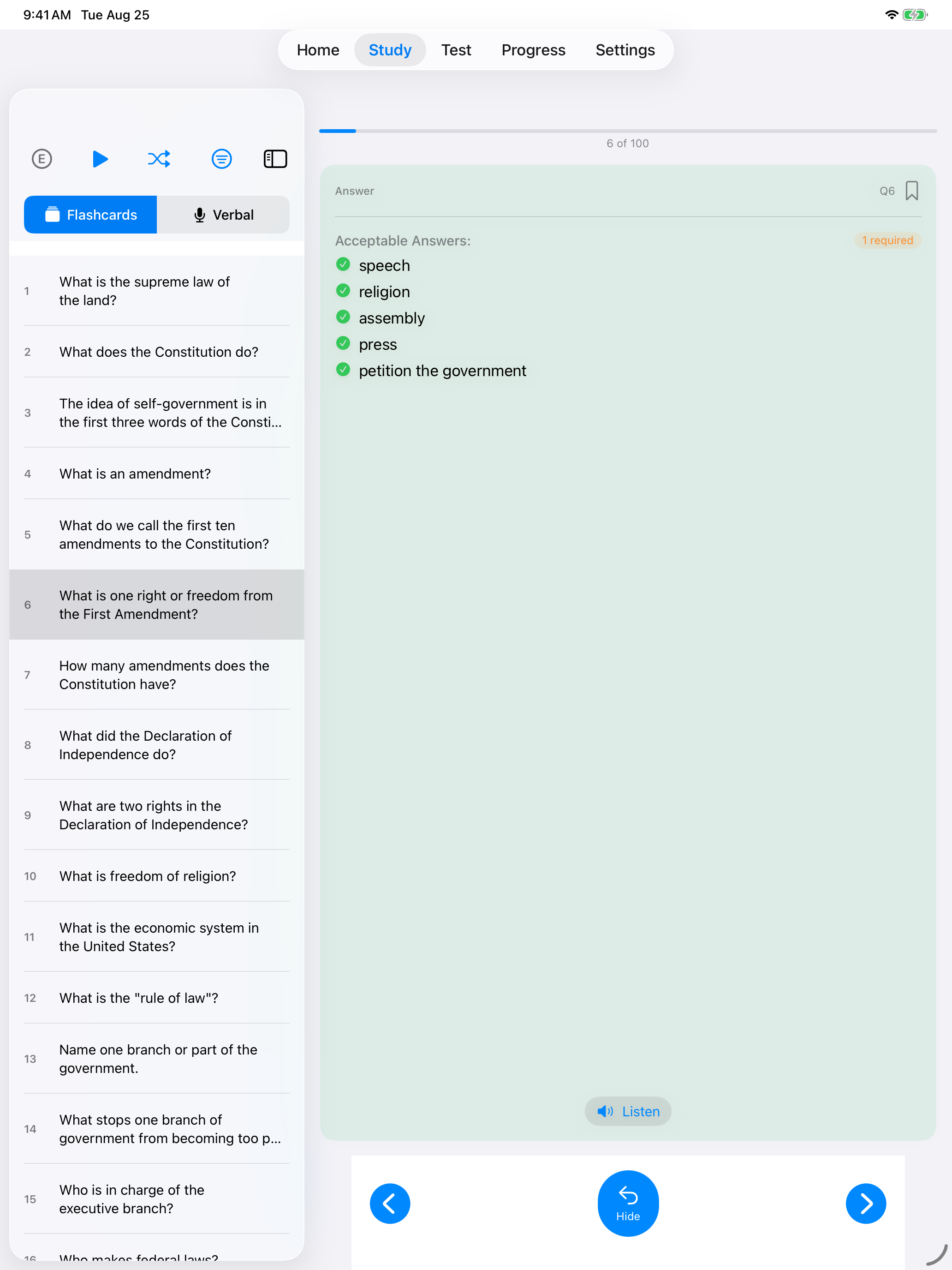 A question with five acceptable answers on iPad