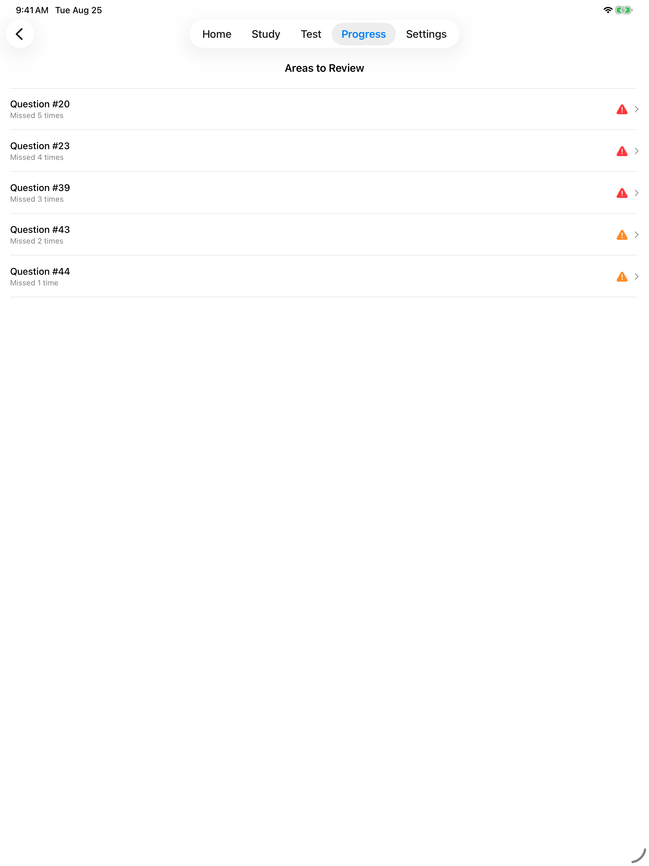 Missed questions to review on iPad