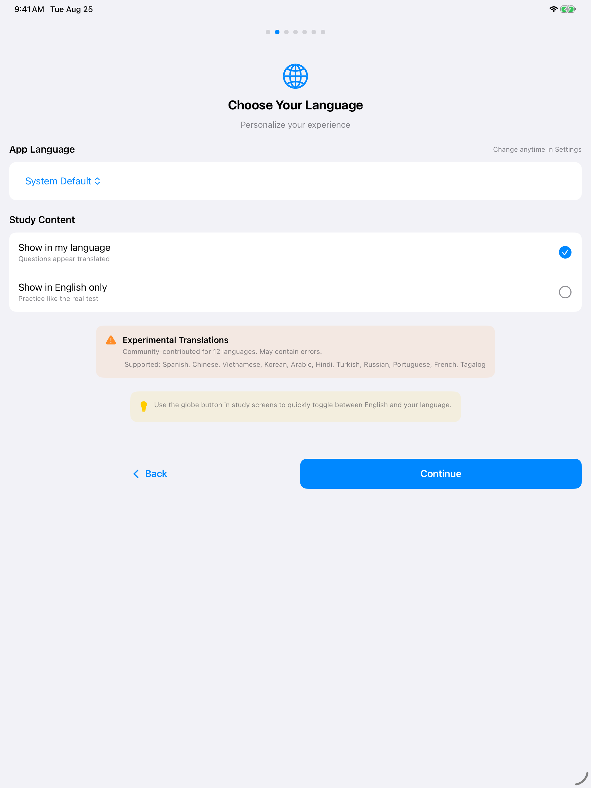 Choosing your language during onboarding on iPad
