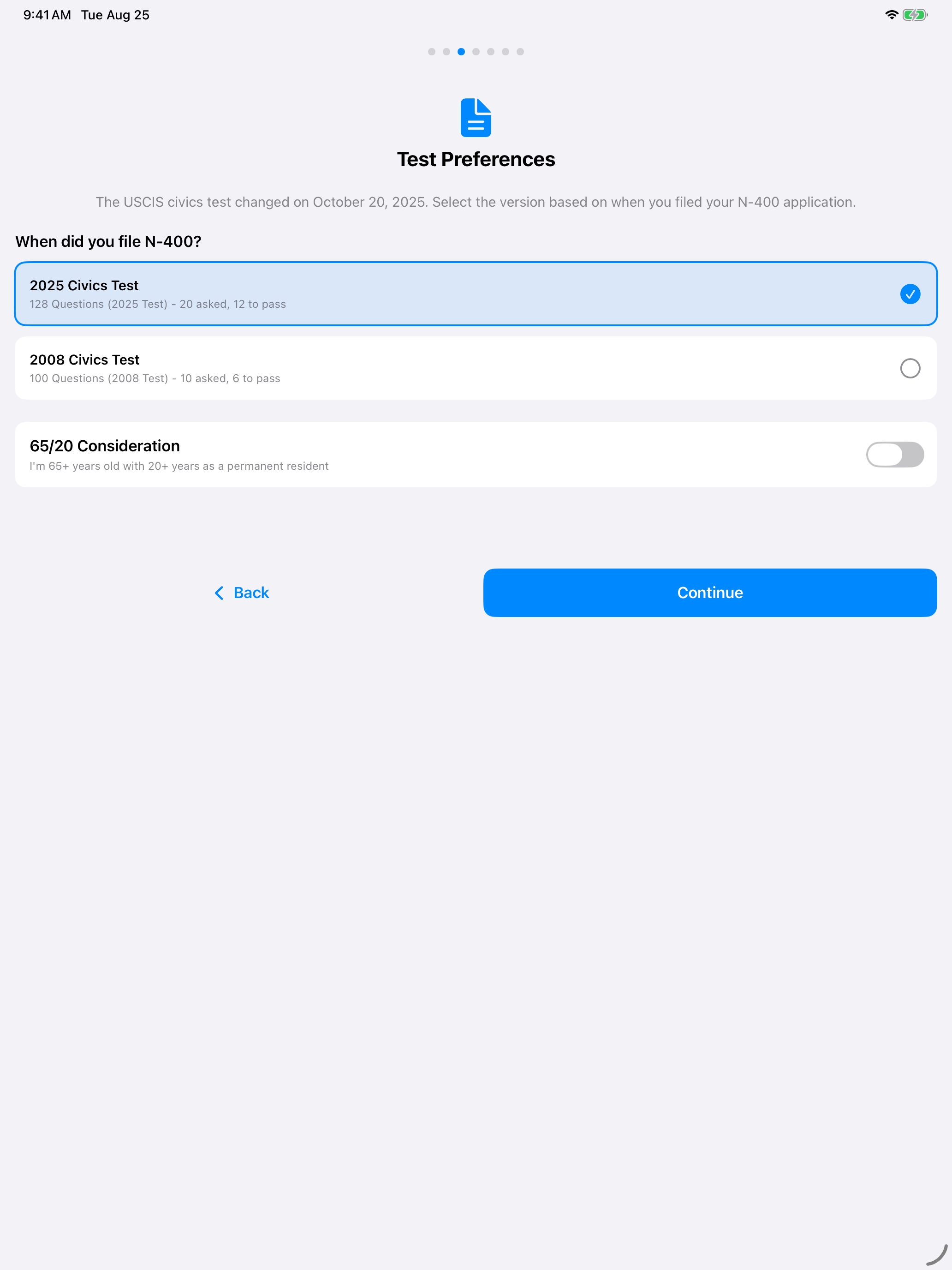 Choosing your test version during onboarding on iPad