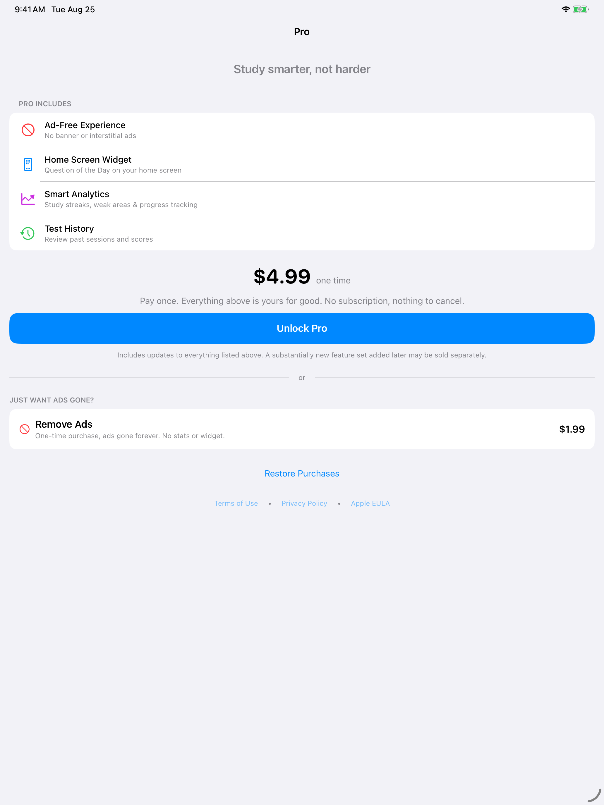 The Pro page showing the one-time unlock and the Remove Ads option on iPad