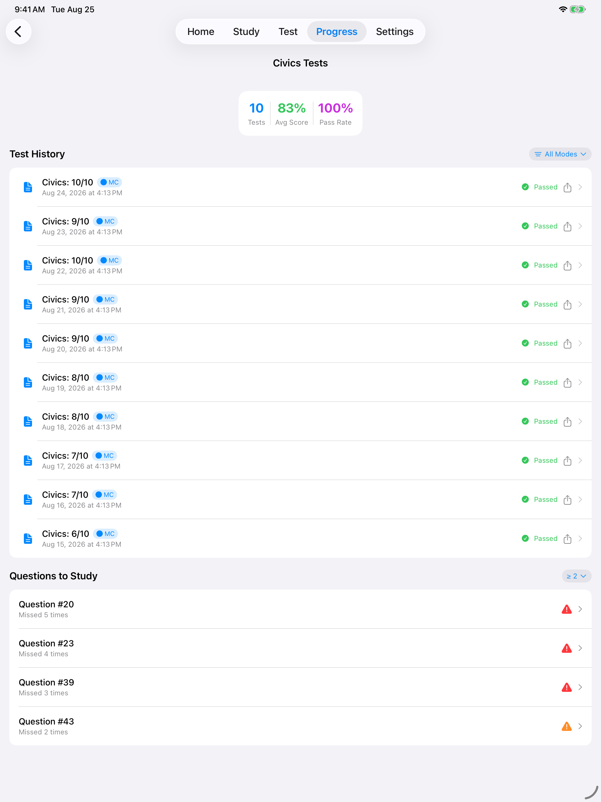 Civics test history on iPad