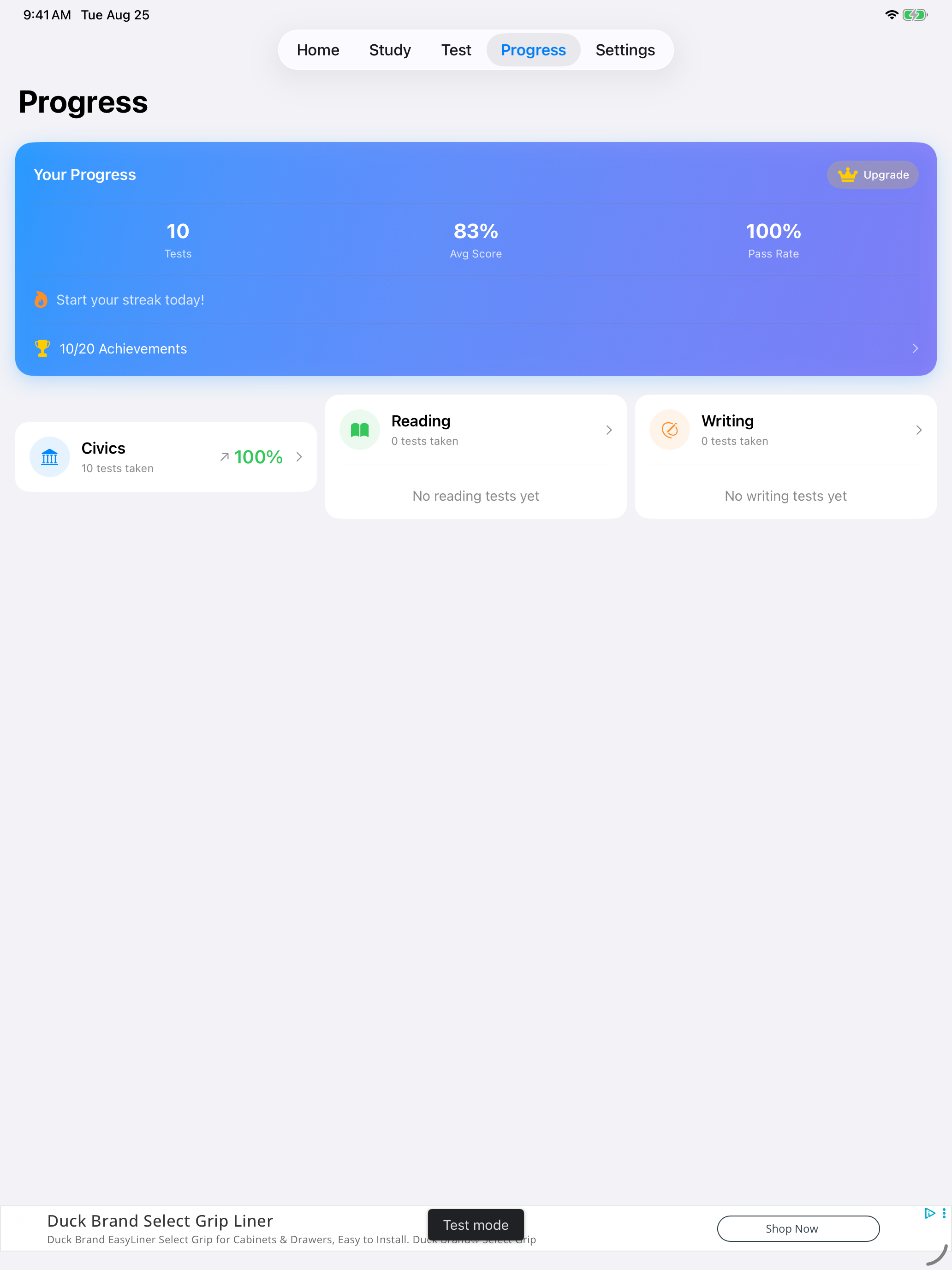 The Progress tab without Pro on iPad