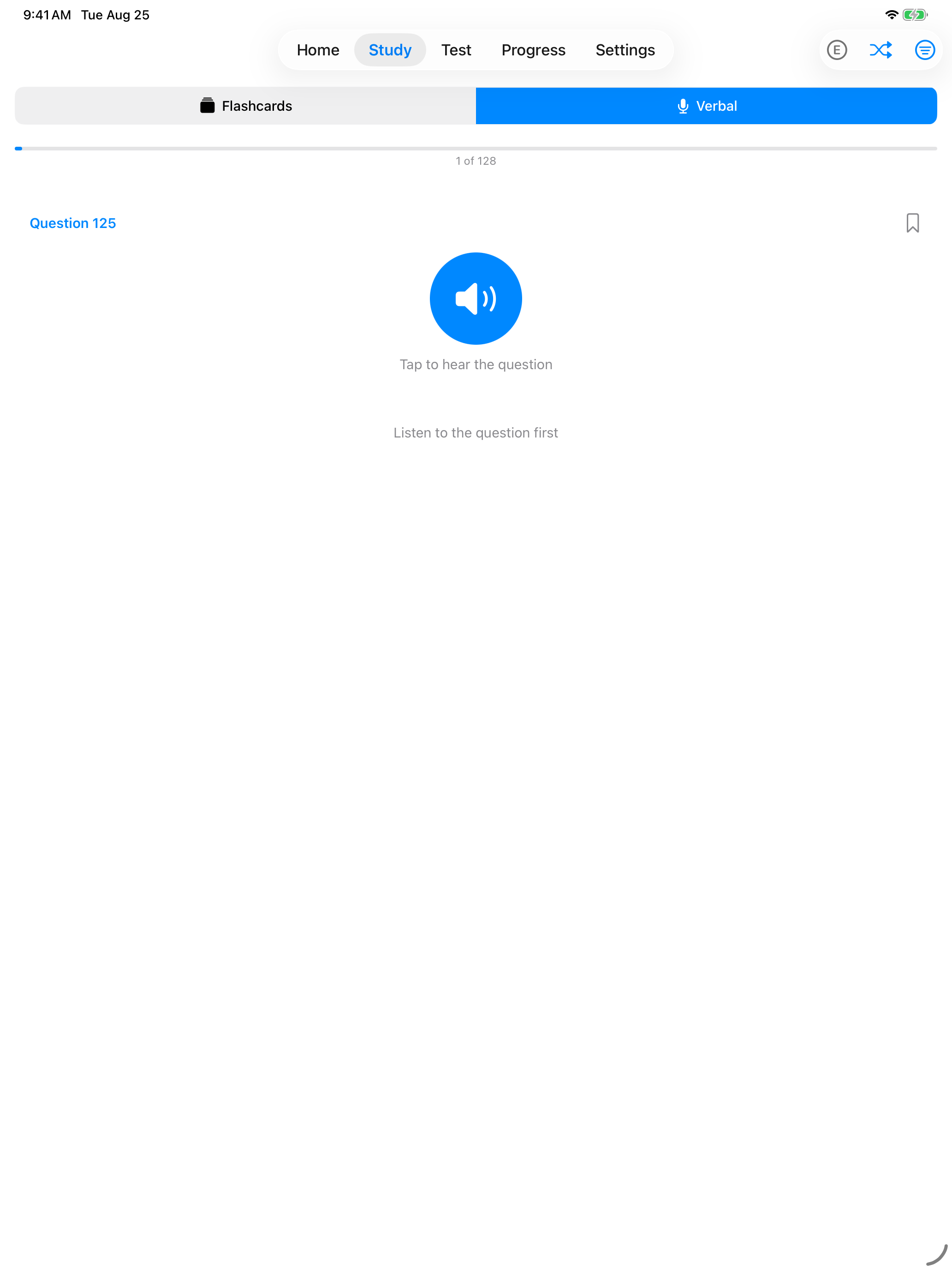 Verbal practice in study mode on iPad