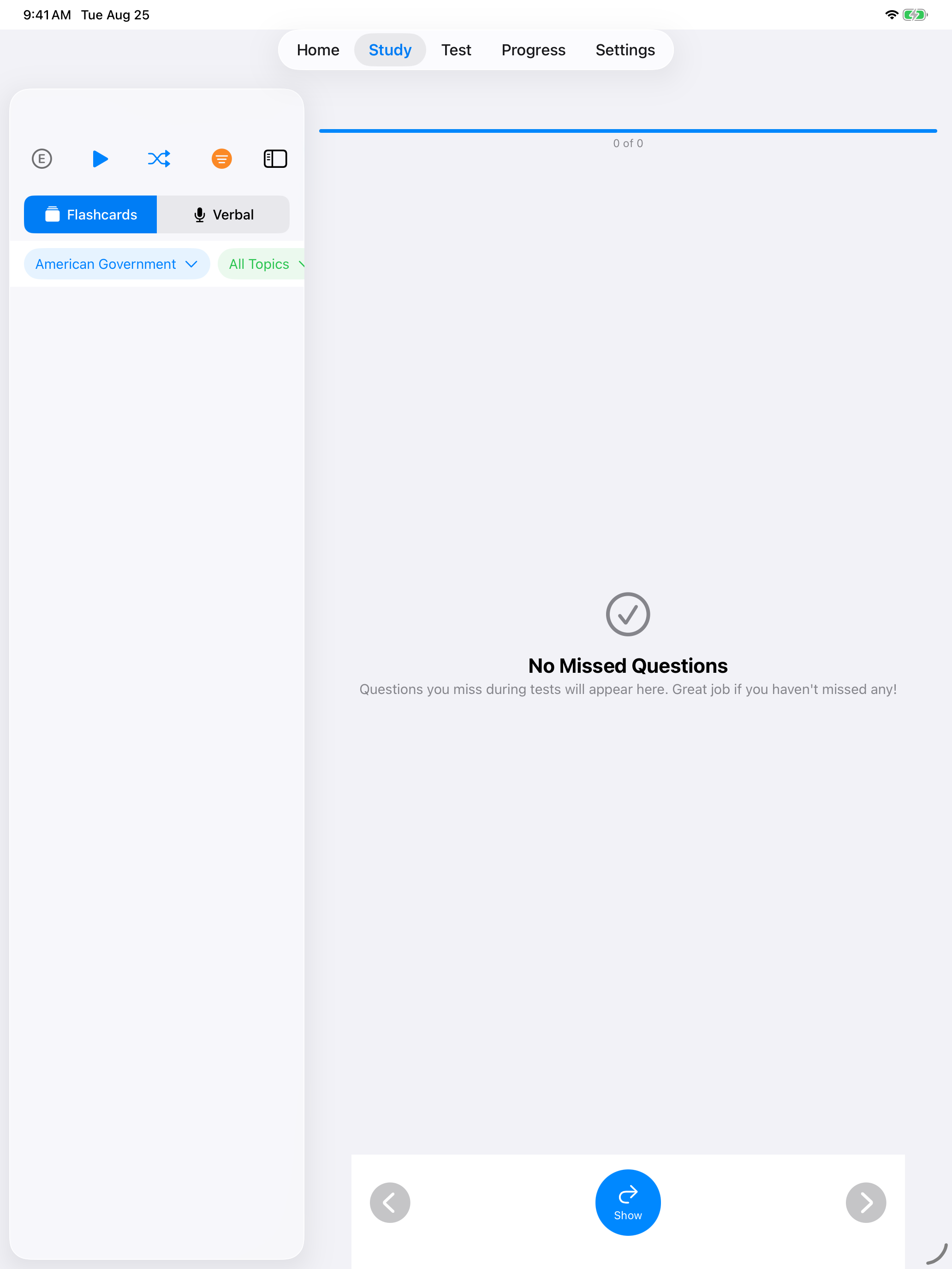 Study questions filtered by category and missed answers on iPad