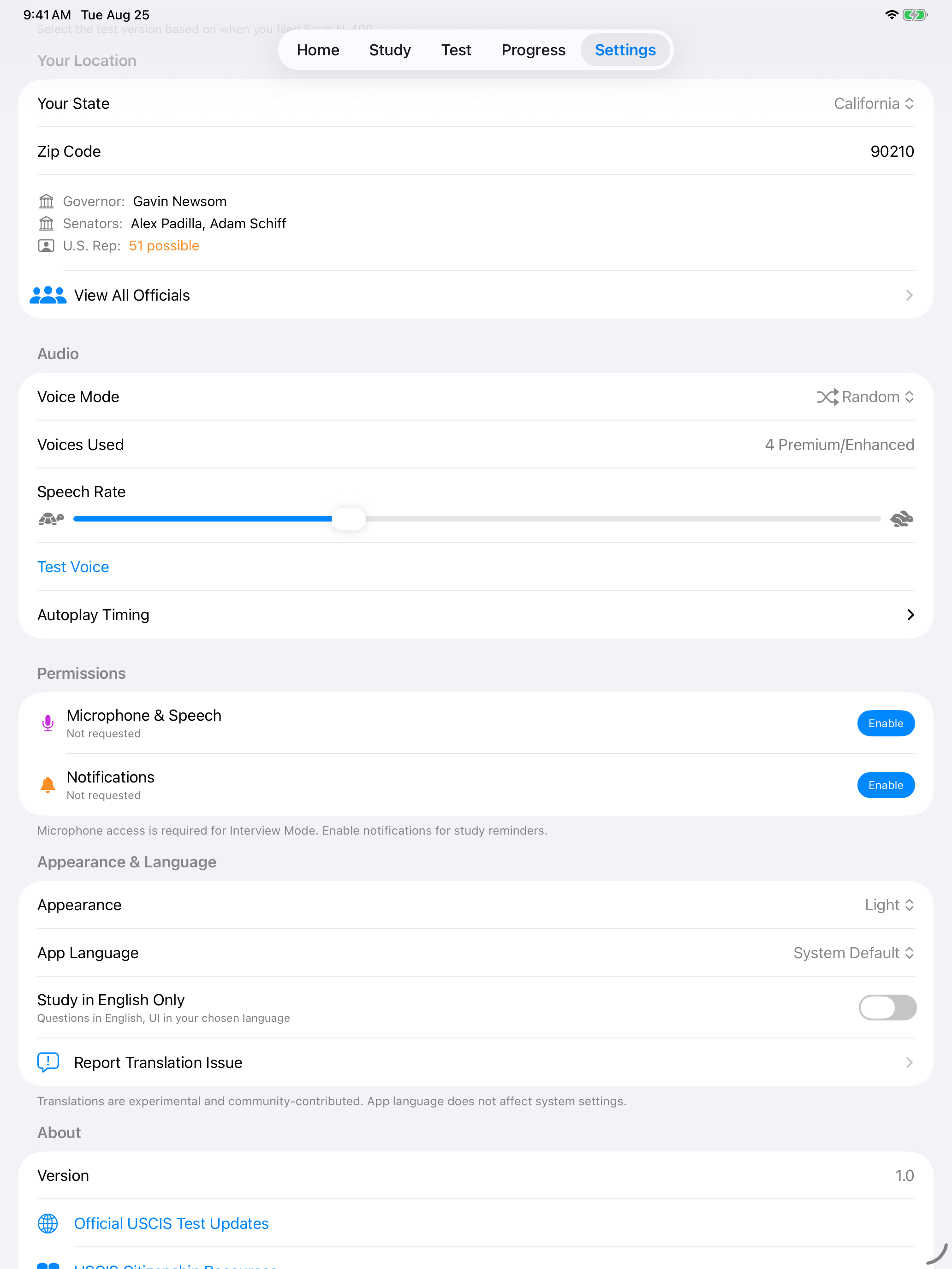 State and zip code settings, with your officials listed on iPad