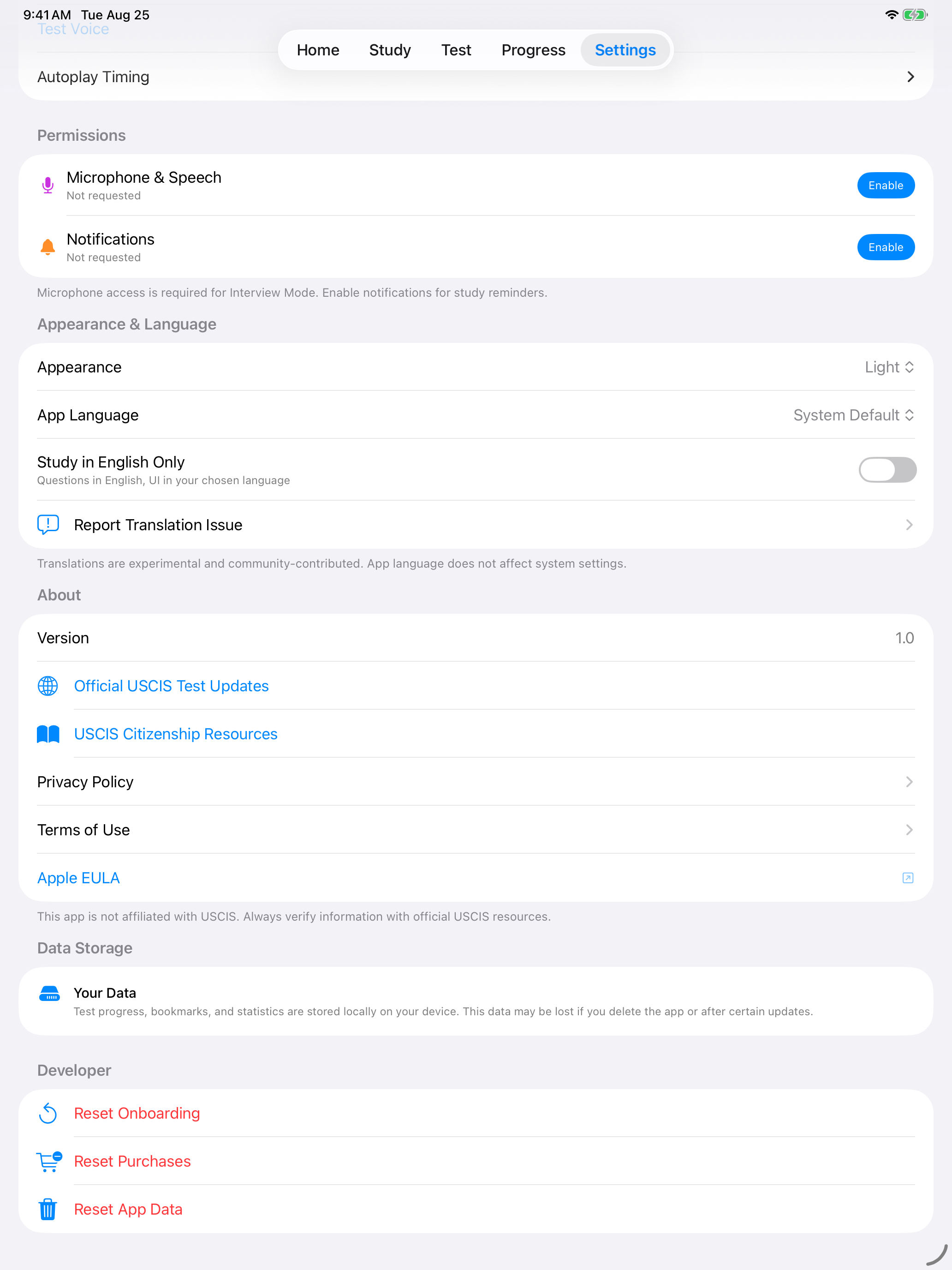 Appearance and language settings on iPad