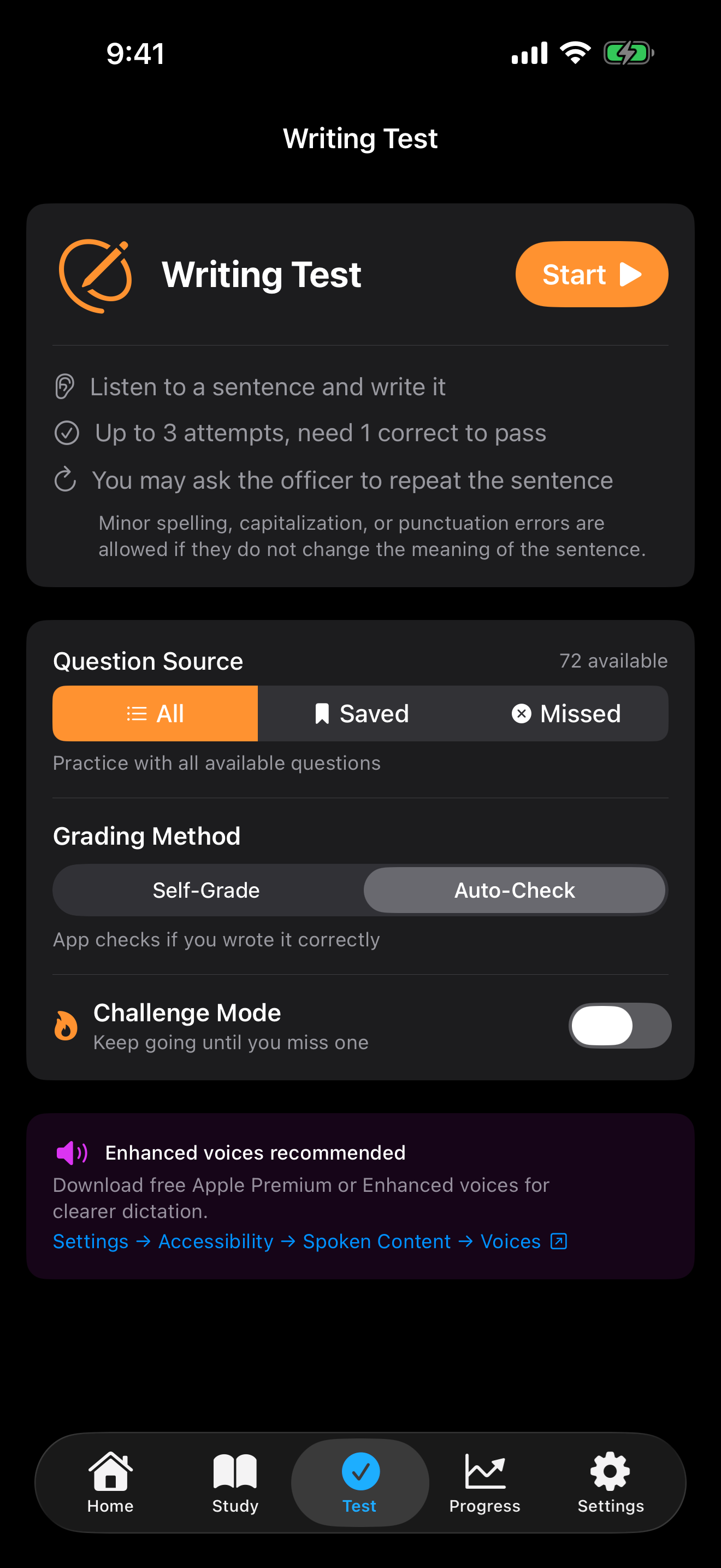 Writing dictation practice on iPhone