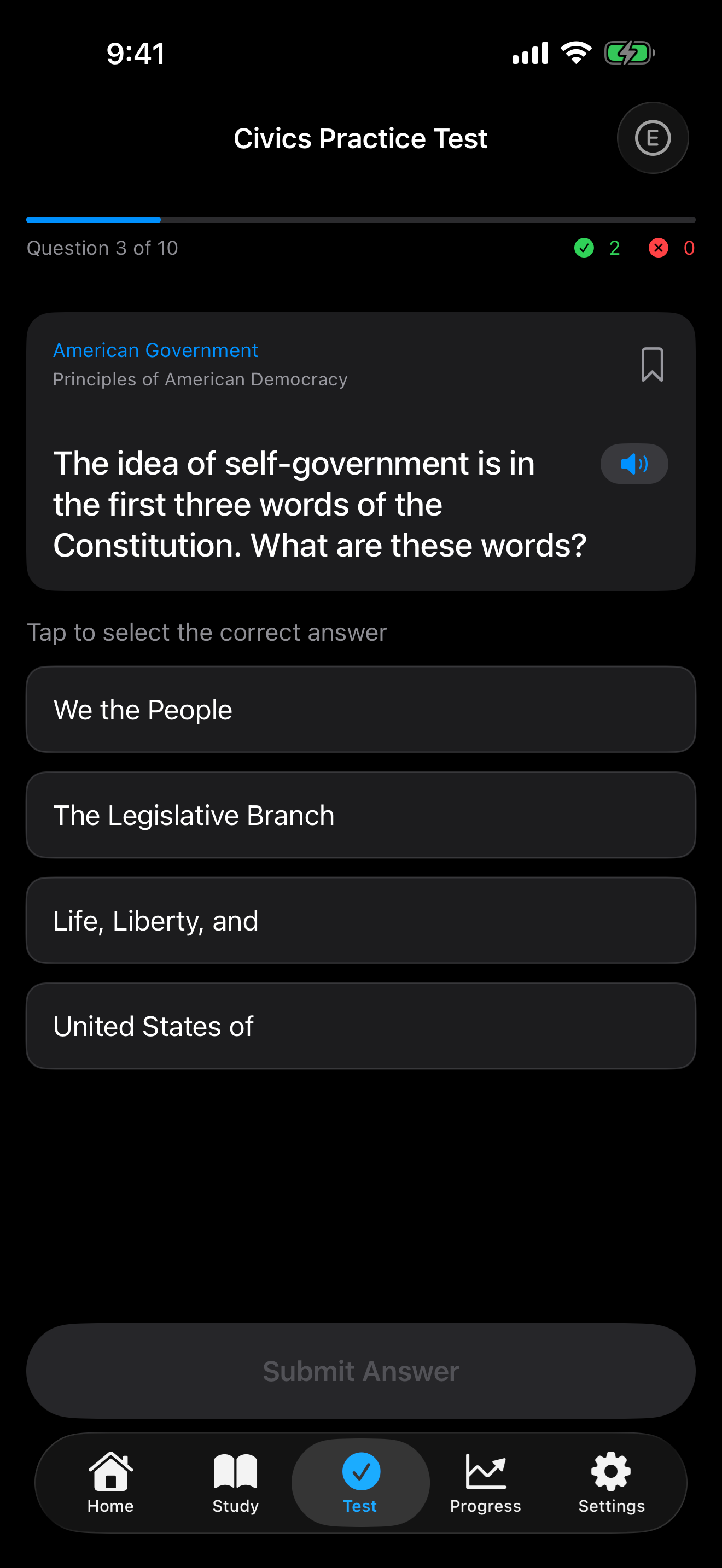 Civics multiple choice mode on iPhone