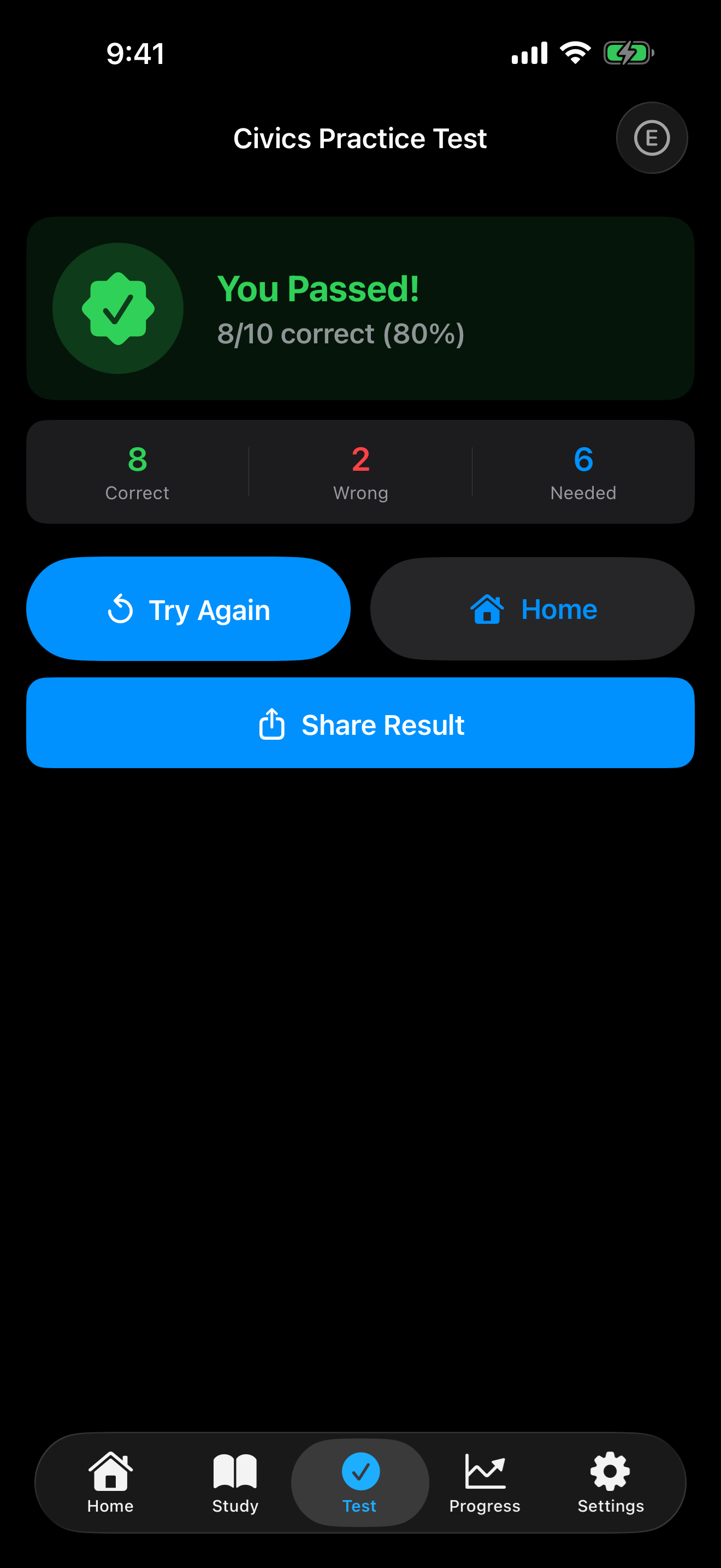 Civics test results on iPhone