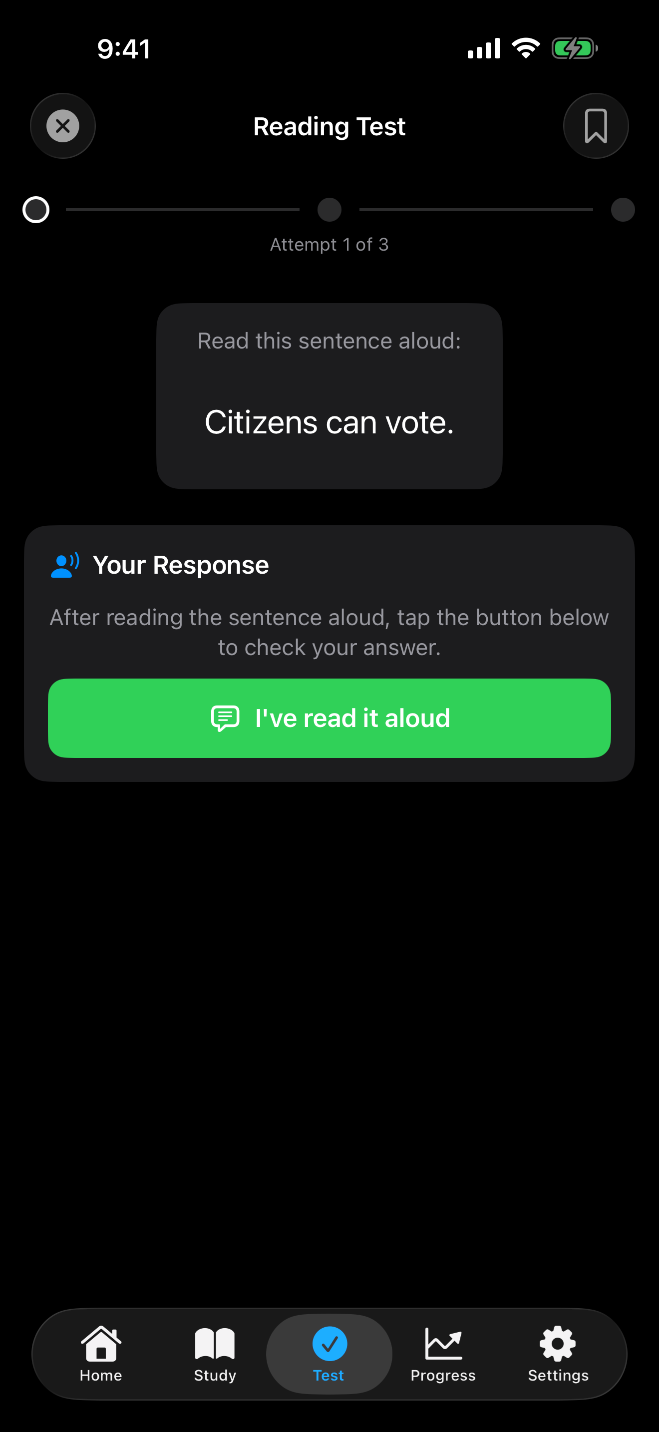 Reading test in progress on iPhone