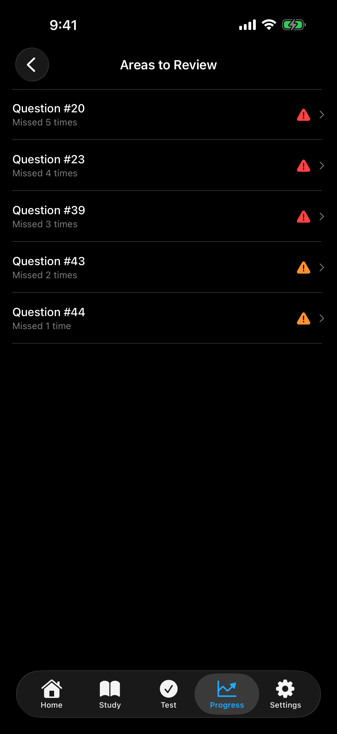 Missed questions to review on iPhone