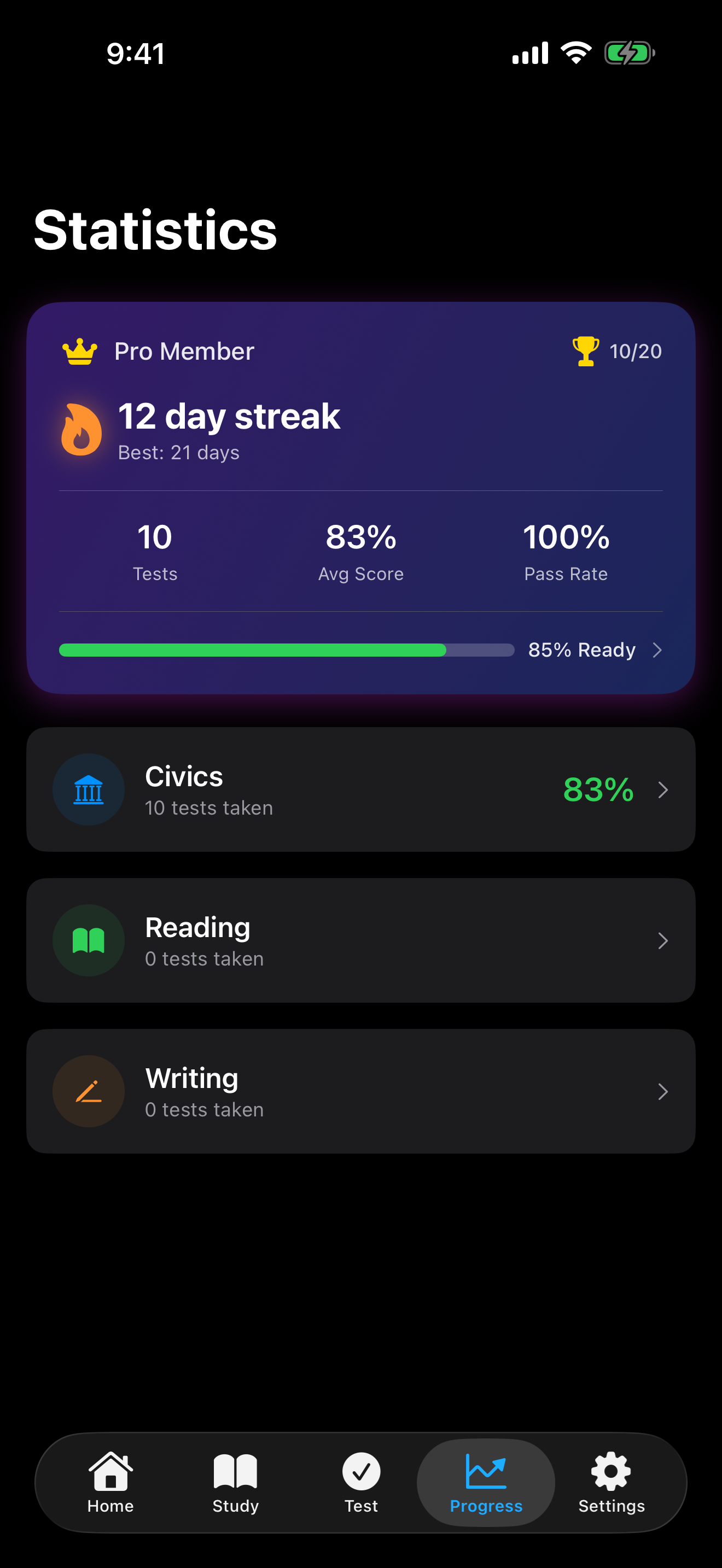 Study streak on the statistics screen on iPhone