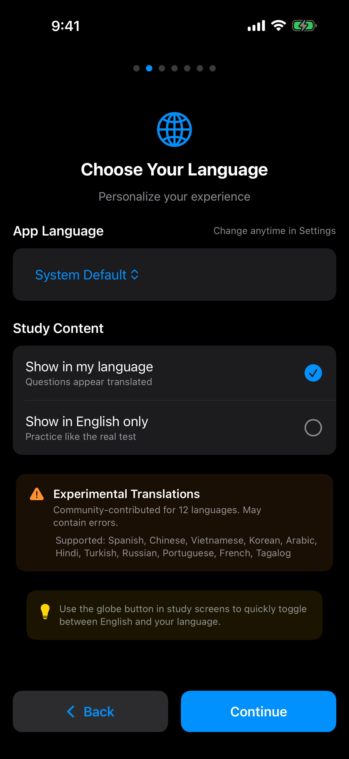 Choosing your language during onboarding on iPhone
